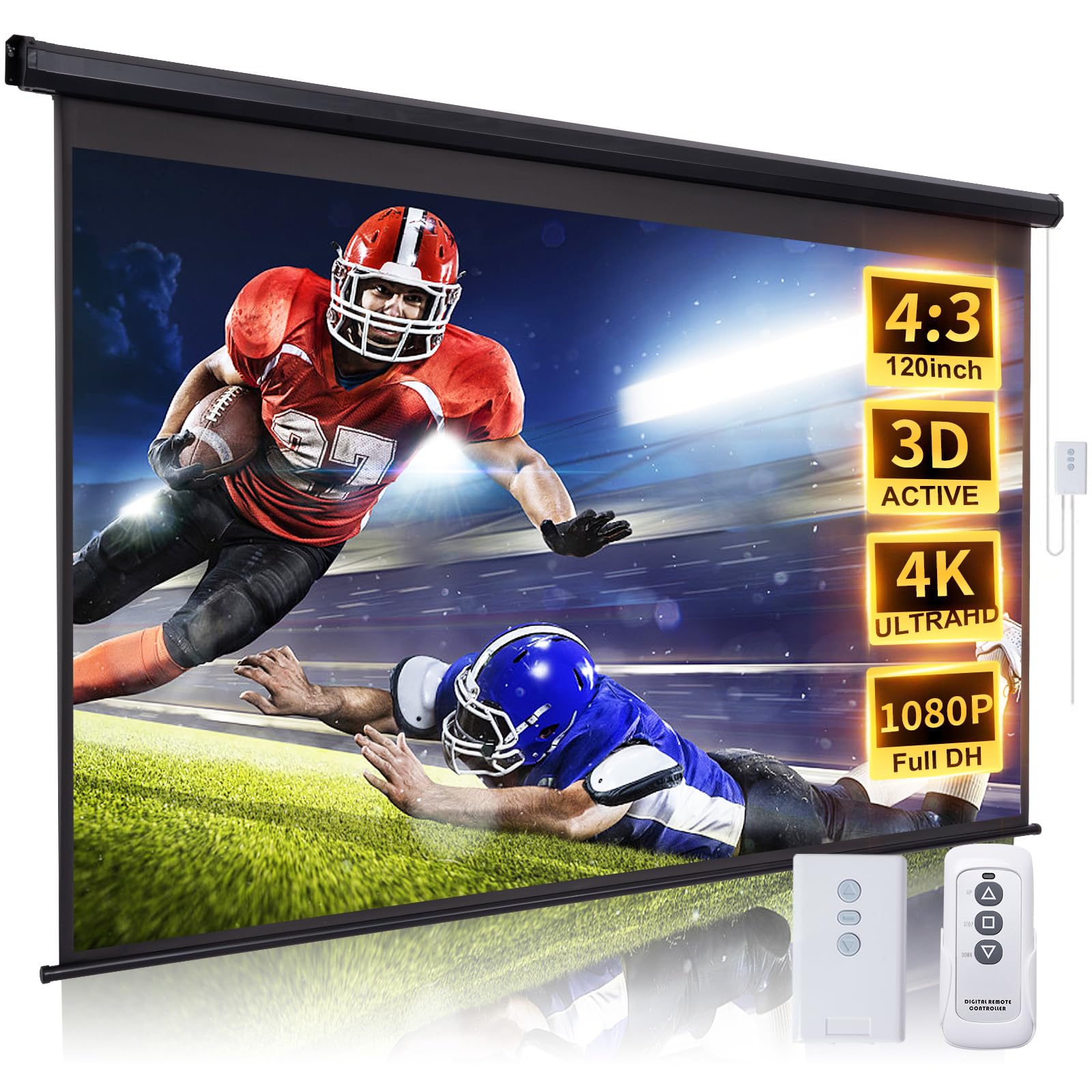 120 Inch Motorized Projector Screen 4:3 HD Electric Pull Down with Remote - Black Automatic Retractable Wall/Ceiling Mount Projection Screen for Home Theater, Office Presentations & Outdoor Movie Nights
