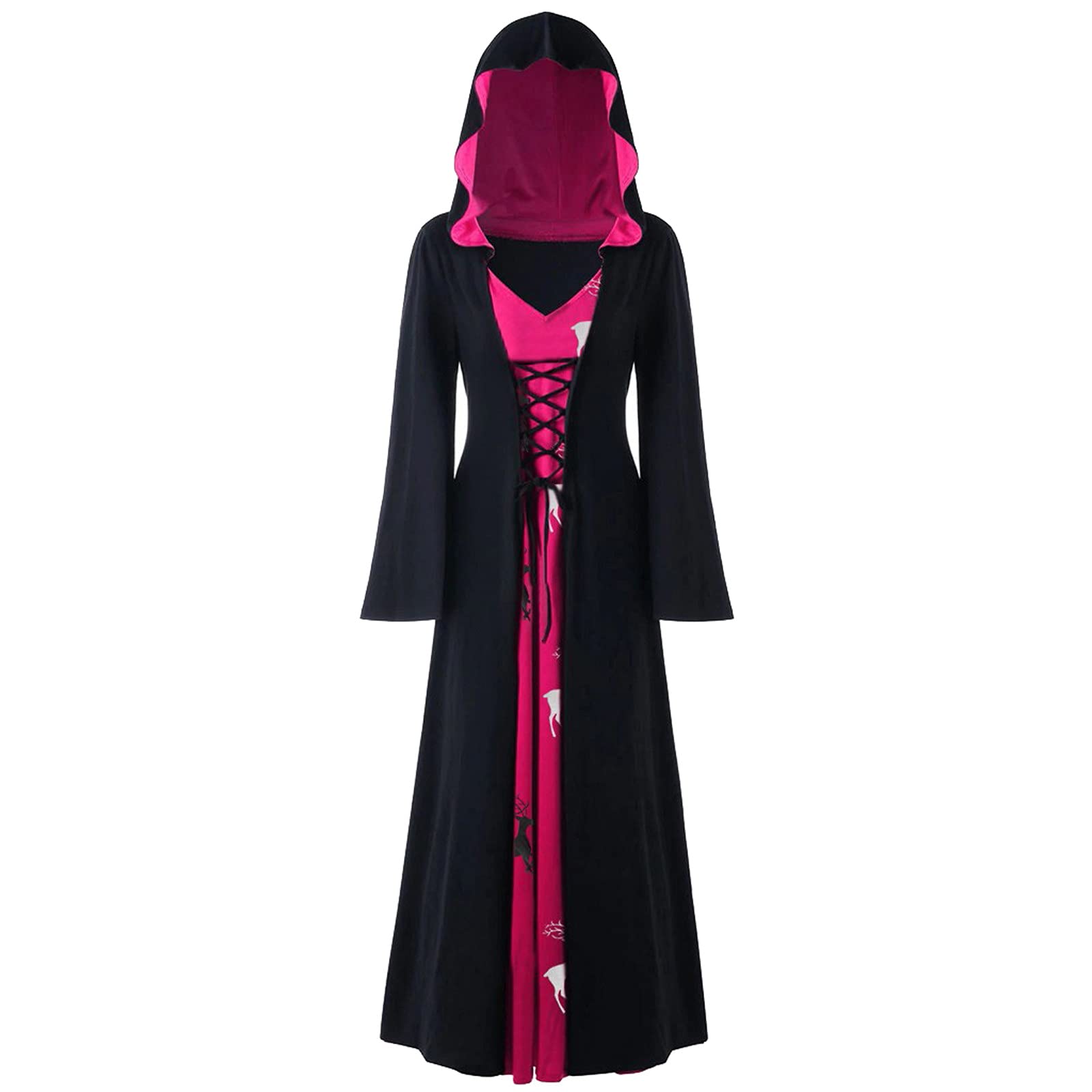 Plus Size Halloween Costume Dress for Women - Vintage Renaissance Hooded Lace-Up Long Sleeve Maxi Dress with Patchwork Design | Perfect for Halloween Parties, Cosplay & Renaissance Fairs