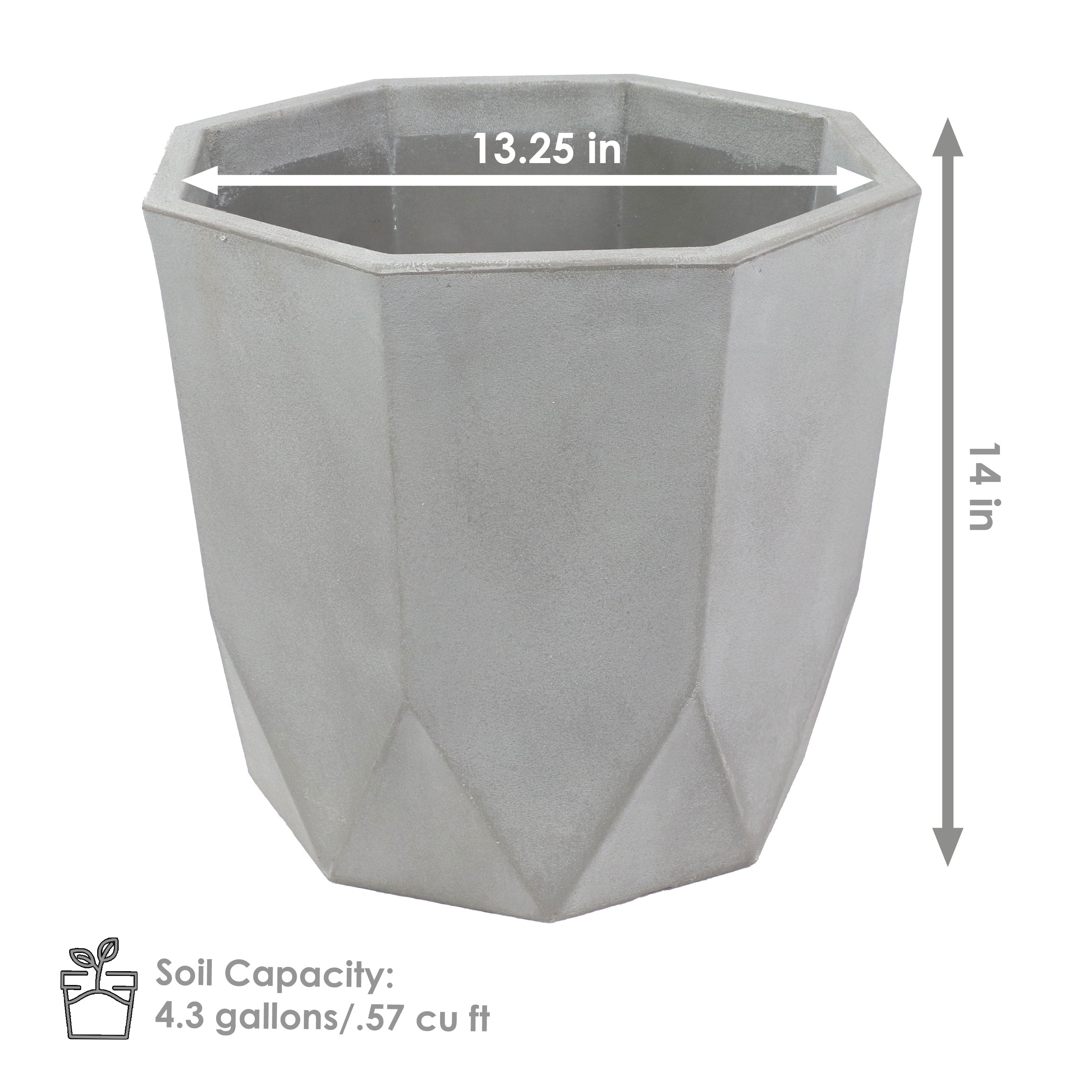Modern Faceted Polyresin Planter - Light Gray Indoor/Outdoor Flower Pot - 14.75 Inch Decorative Garden Planter for Home, Patio, and Office Decor