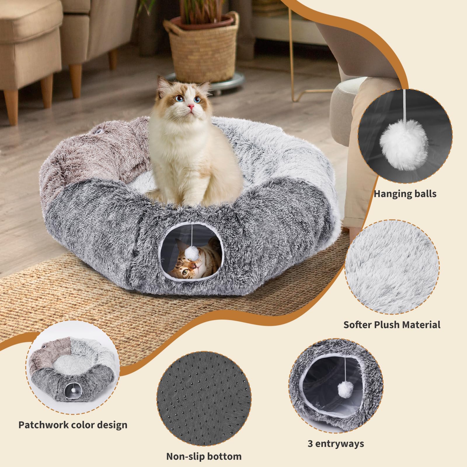 Odoland Large Cat Tunnels for Indoor Cats - Fluffy Cat Bed & Detachable Cat Cave with 20 Cat Toys | Interactive Play Tunnel & Chew Toy Set for Kittens | Perfect for Playtime, Exercise & Indoor Adventures