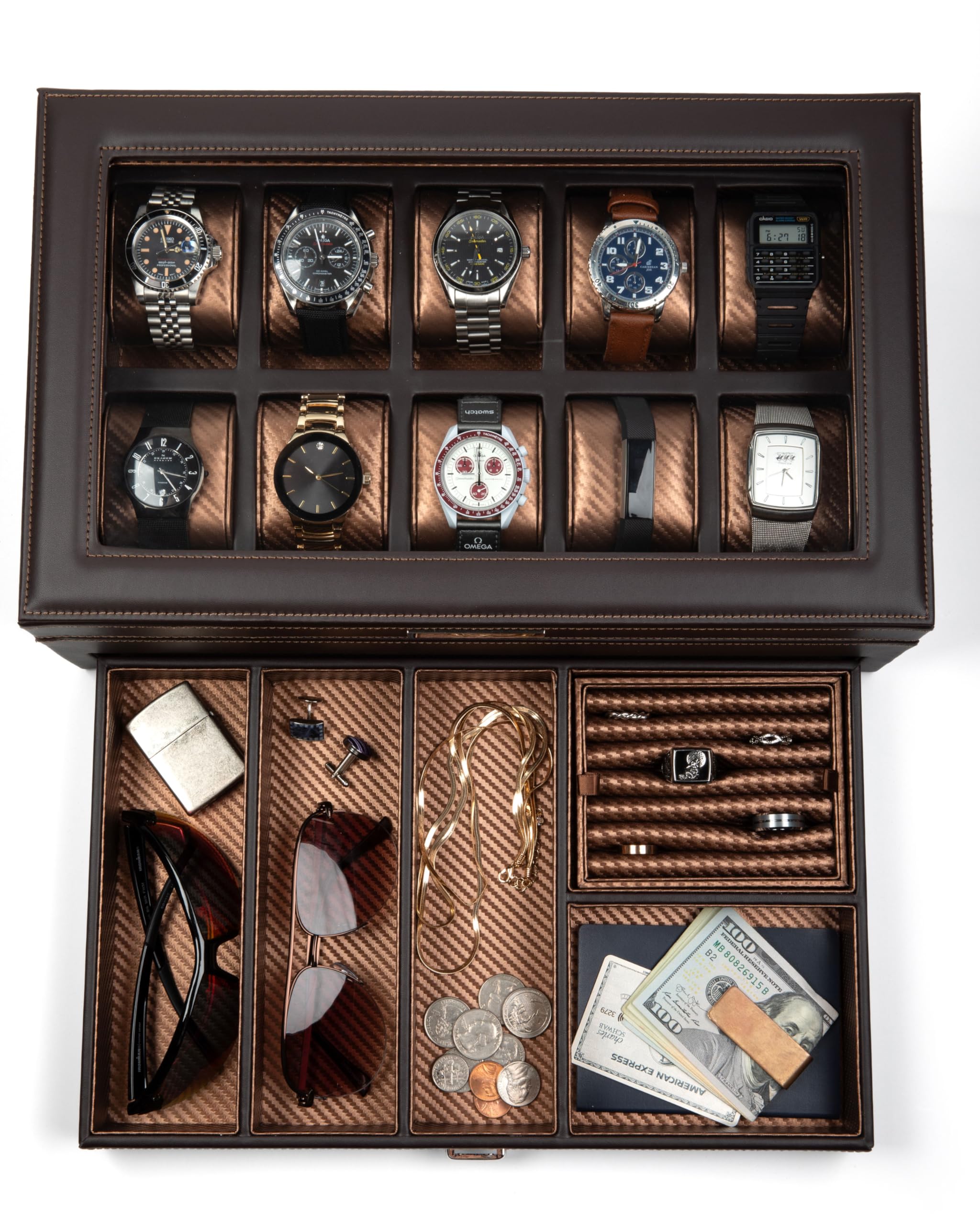 HOUNDSBAY Luxury Yacht Watch Box Organizer with Drawer, Ring Tray & Glass Lid - Wooden Jewelry Storage Case for Men | Perfect EDC Display Case & Elegant Gift for Watch Collectors | Ideal for Home, Office, or Travel Use