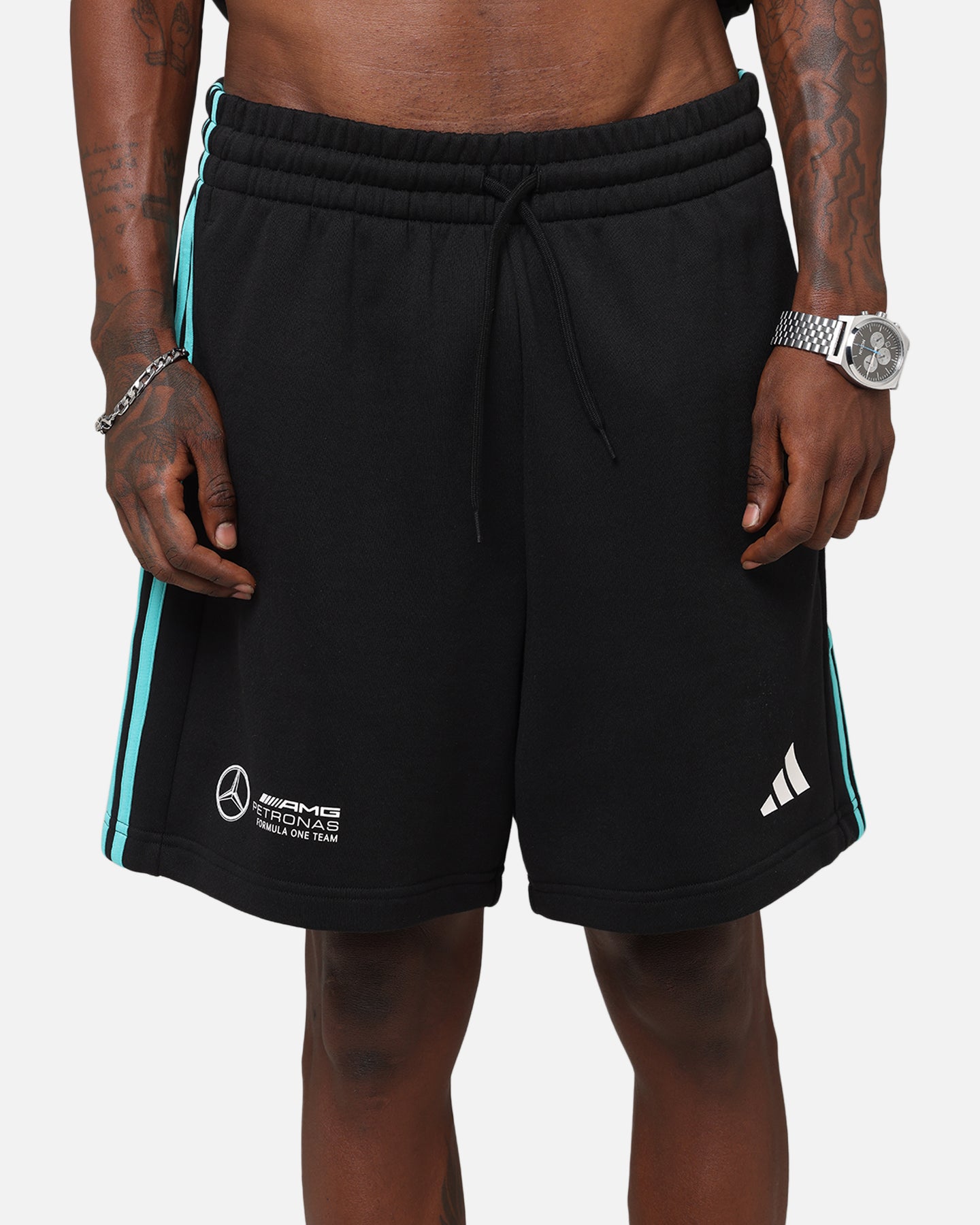 Adidas x Mercedes AMG Petronas Formula One F1 DNA Shorts for Men - Black & White Athletic Running Shorts for Gym, Workout & Casual Wear