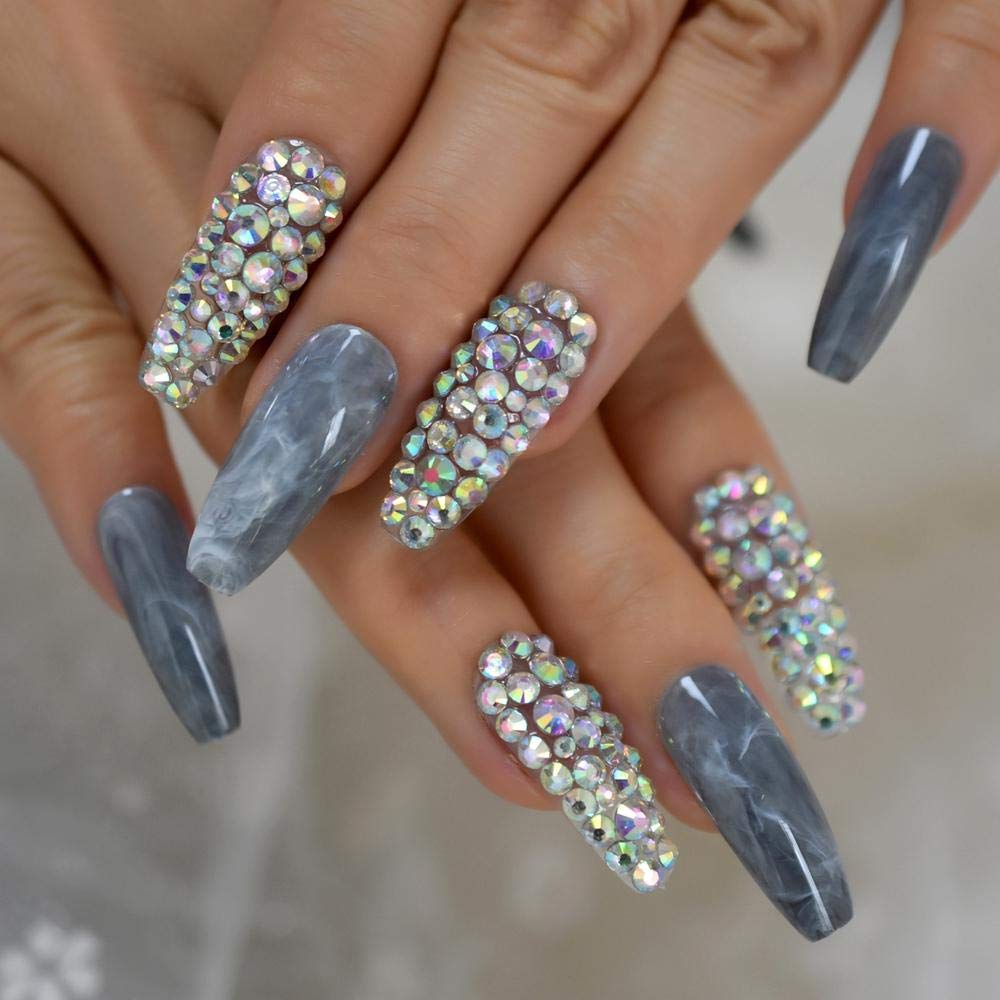 Grey Marble Stone Press On Fake Nails - Extra Long Coffin Ballerina False Nails for Women | Perfect for Parties, Weddings, and Special Occasions