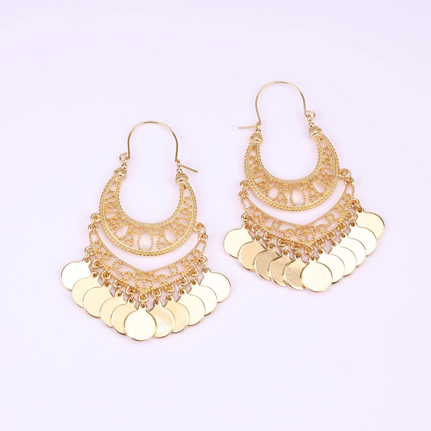 Bohemian Chandelier Earrings for Women - Handmade Coin Disc Tassel Dangle Filigree Jewelry - Perfect for Festivals, Weddings & Boho Fashion