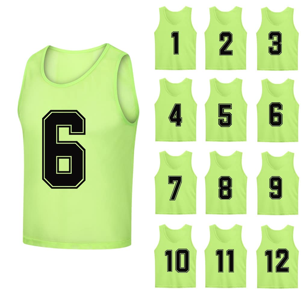 12-Pack (1-12) Numbered Soccer Training Bibs & Basketball Jerseys for Kids, Youth & Adults - Reversible Mesh Pinnies for Team Sports Practice, Gym Class & Field Day Activities