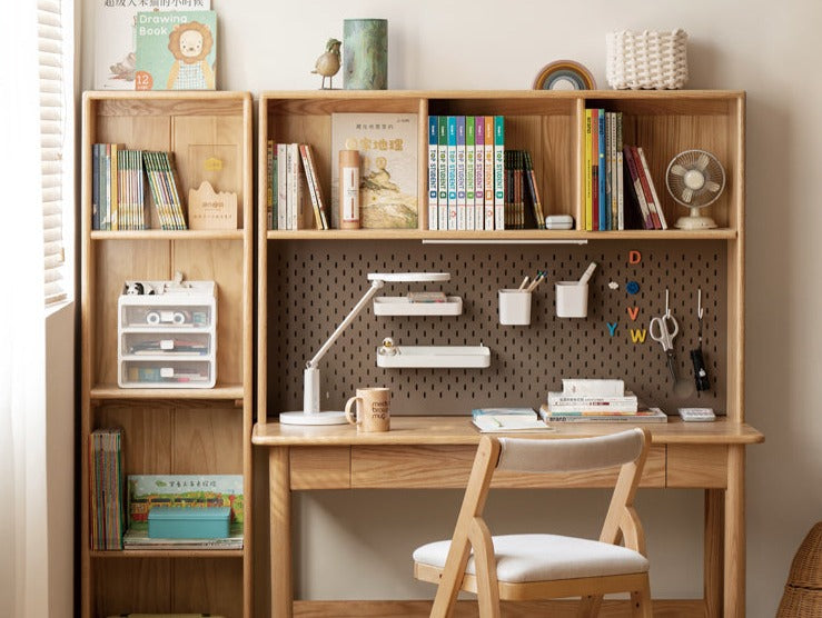Solid Oak Wood Adjustable Height Kids Study Desk with Bookshelf - Perfect for Homework, Reading & Organizing in Bedroom or Playroom