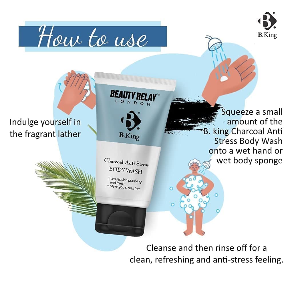 Beauty Relay London B King Charcoal Anti Stress Body Wash for Men - Activated Charcoal Deep Cleansing Body Wash with Cinnamon Oil, Aloe Vera, Argan Oil, Mulberry, Vitamin E & Lemon Oil | Skin Detox & Anti-Pollution | 200ml (Buy 1 Get 1 Free) | Perfect for Gym, Travel & Daily Shower Routine