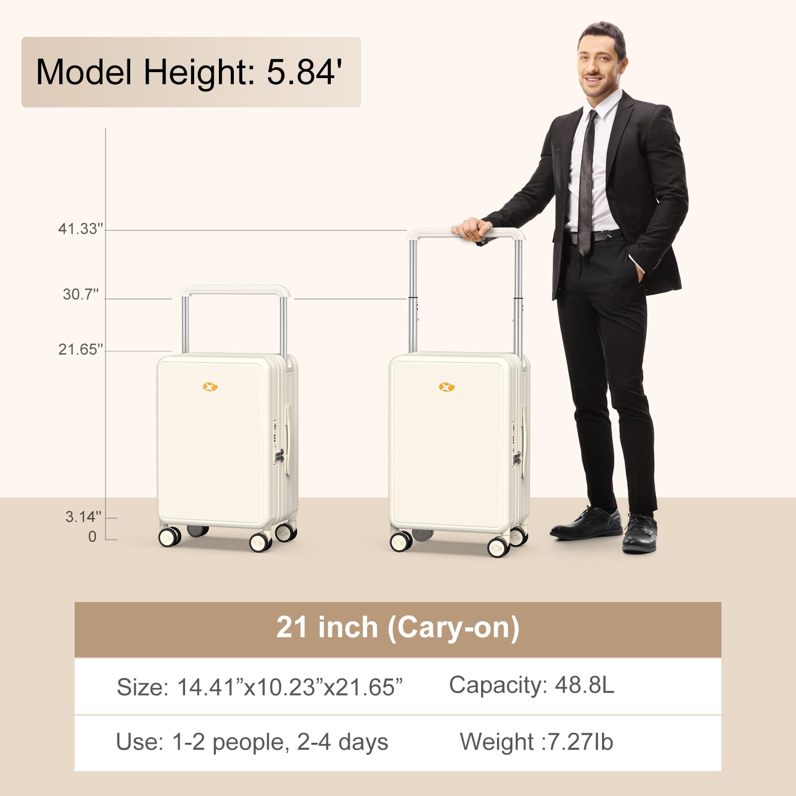 TSA Approved 20 Inch Carry On Luggage - 100% PC Hard Shell Lightweight Hardside Suitcase with Spinner Wheels & Telescopic Handle (Beige) - Perfect for Air Travel, Business Trips & Weekend Getaways
