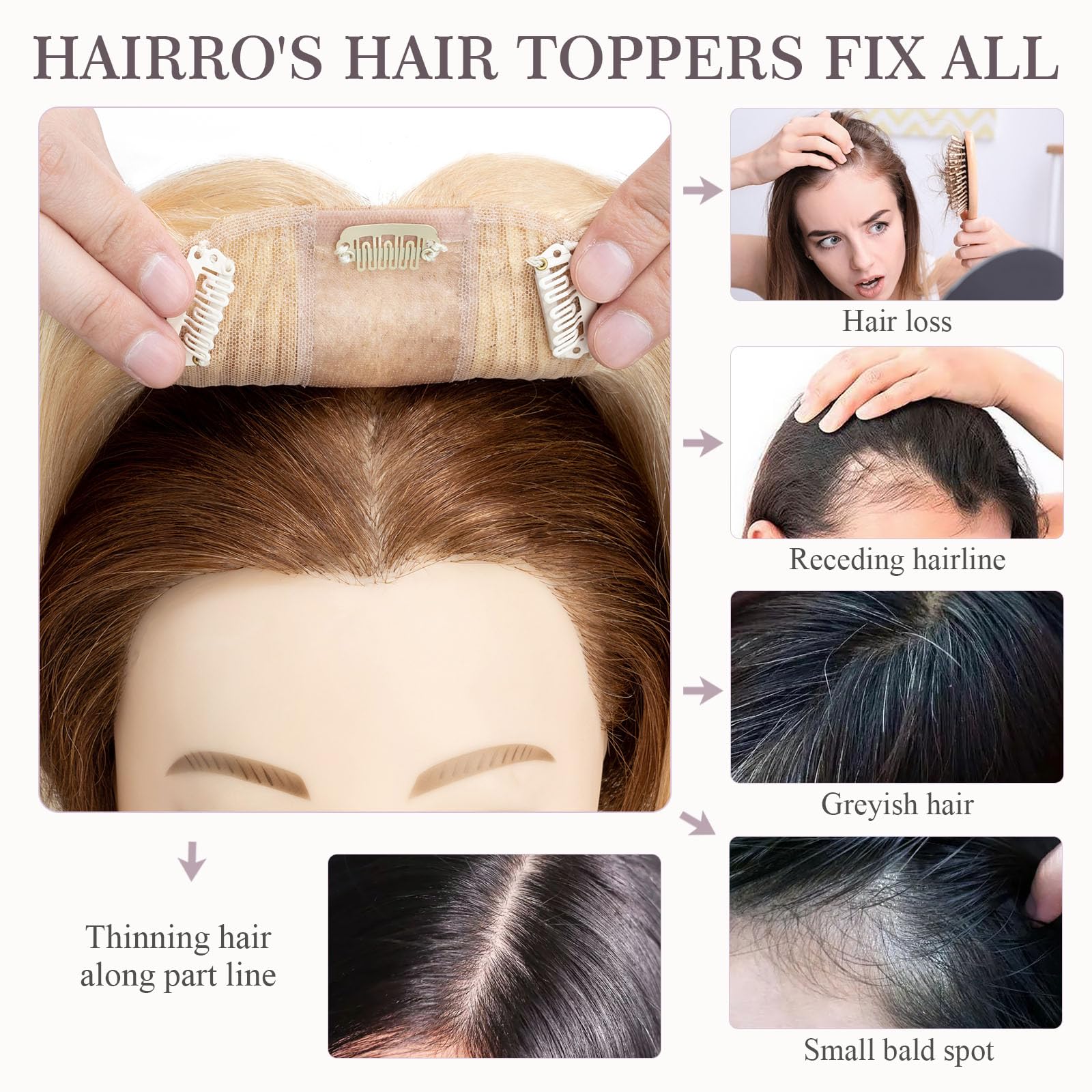 Hairro 100% Human Hair Topper with Silk Base for Women - 16 Inch Ash Blonde Mix Bleach Blonde Clip-in Hairpiece for Thin Hair & High Hairline - Perfect for Daily Wear, Special Occasions & Hair Loss Coverage