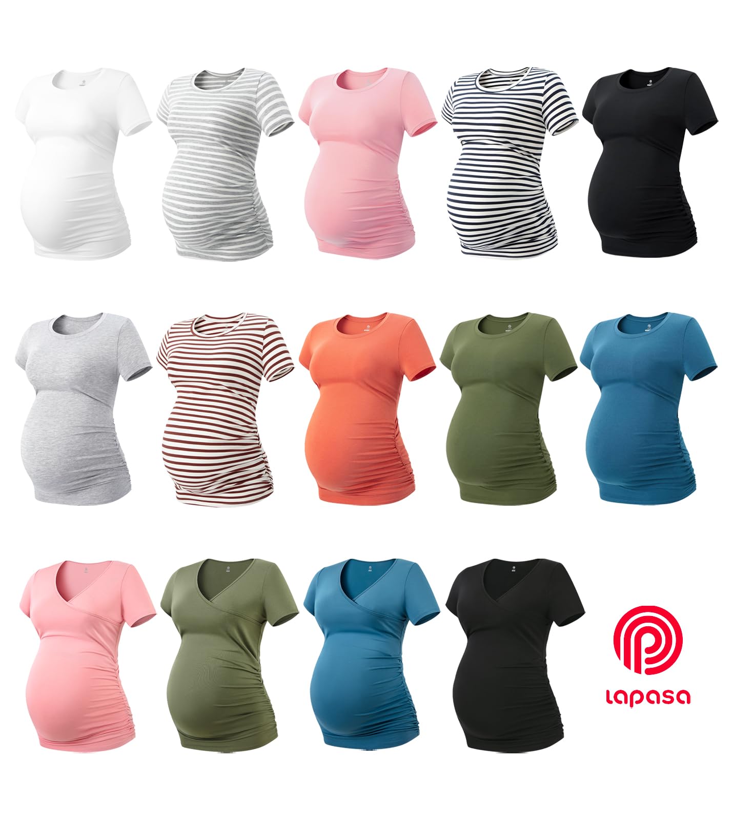 LAPASA Women's Maternity Shirts - Soft Modal Cotton Short Sleeve Pregnancy Tops with Side Ruched Design (1 or 3 Pack) - Comfortable Crew Neck Tees for Everyday Wear, Nursing & Maternity Photos