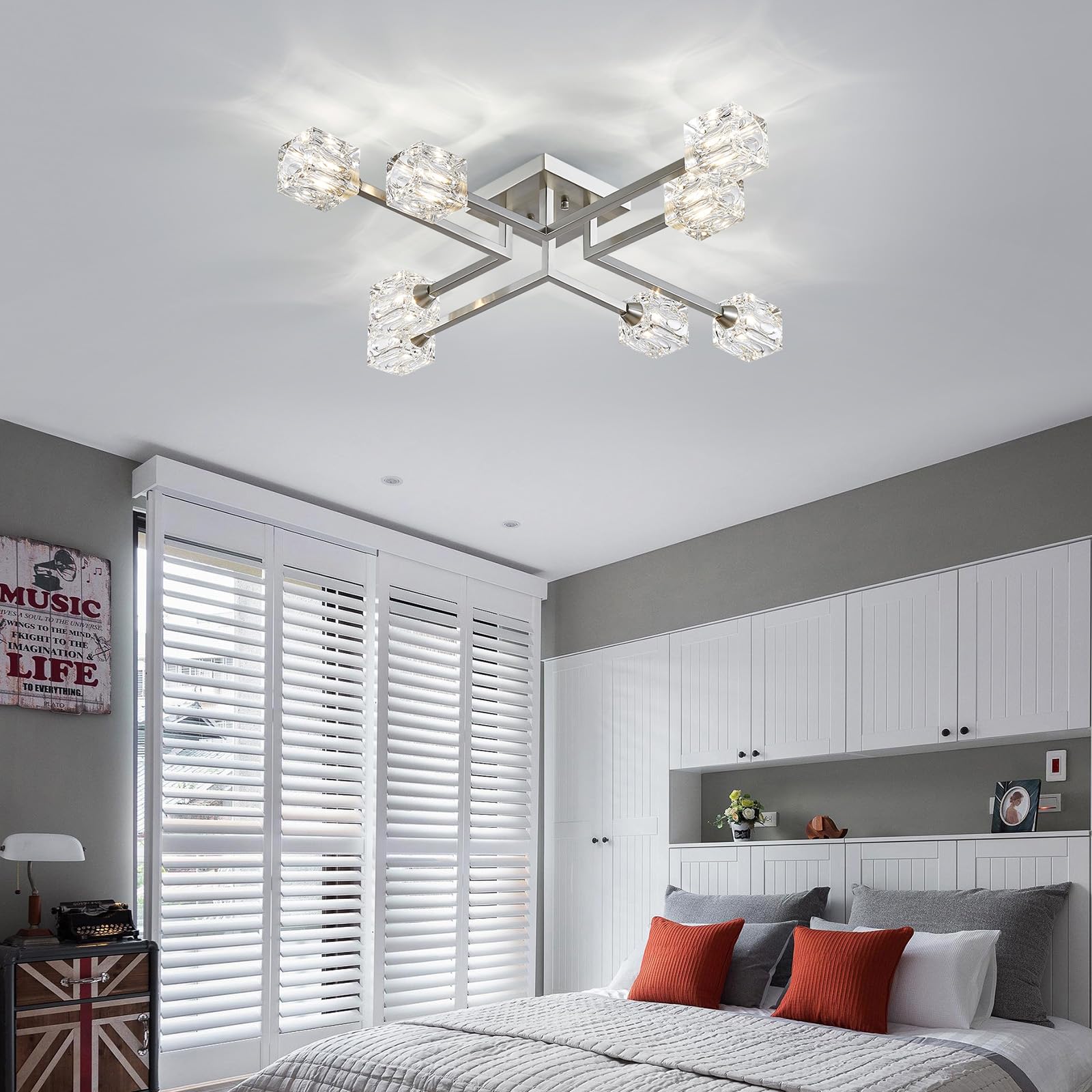 XINGQI 8-Lights Modern Semi Flush Mount Ceiling Light Fixture - Brushed Nickel Sputnik Chandelier for Dining Room, Living Room, Kitchen, Bedroom & Entryway - Elegant Lighting Solution for Home Decor & Interior Design