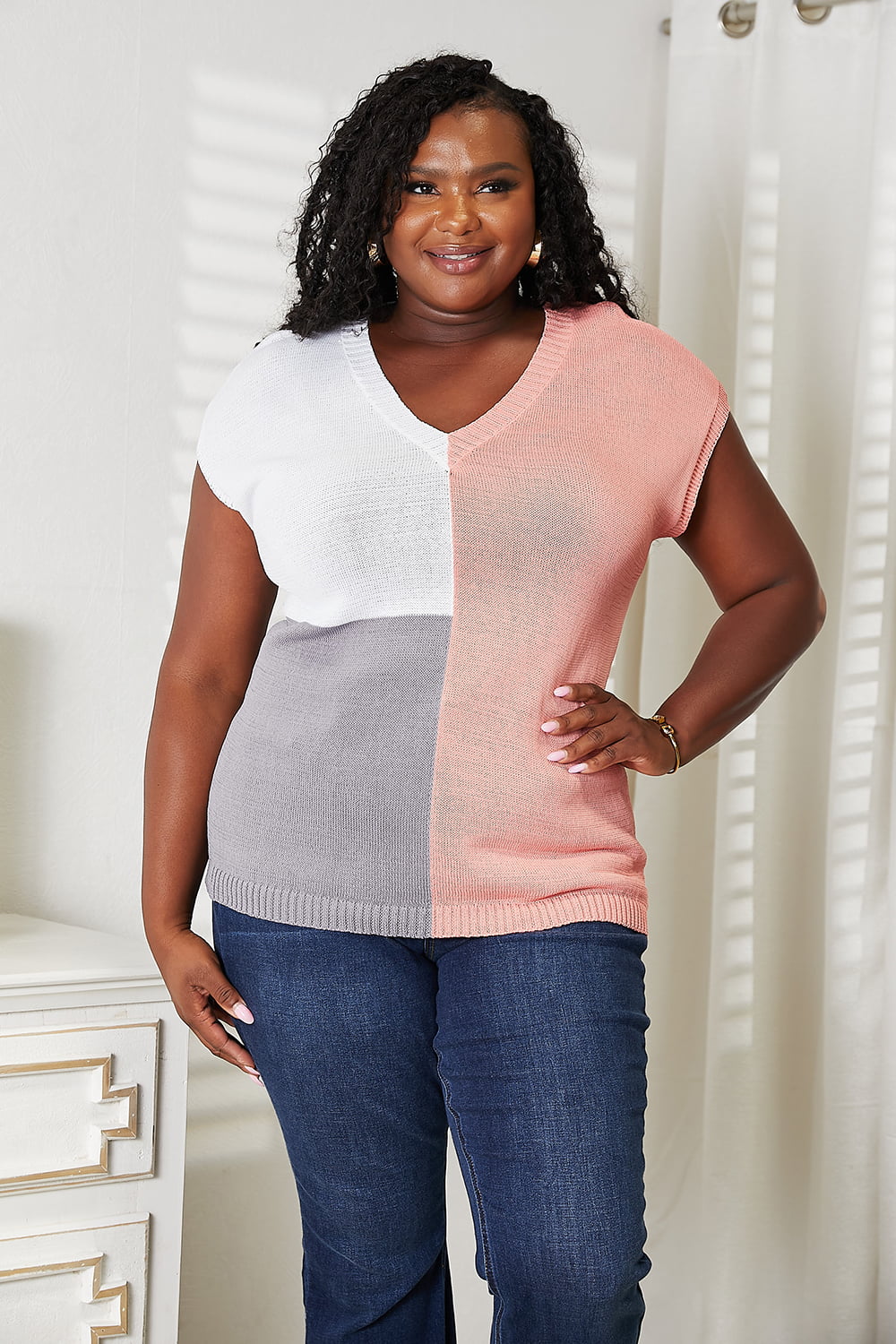 Color Block V-Neck Knit Top for Women - Stylish Casual & Office Wear - Soft Stretch Comfortable T-Shirt for Everyday Outfits
