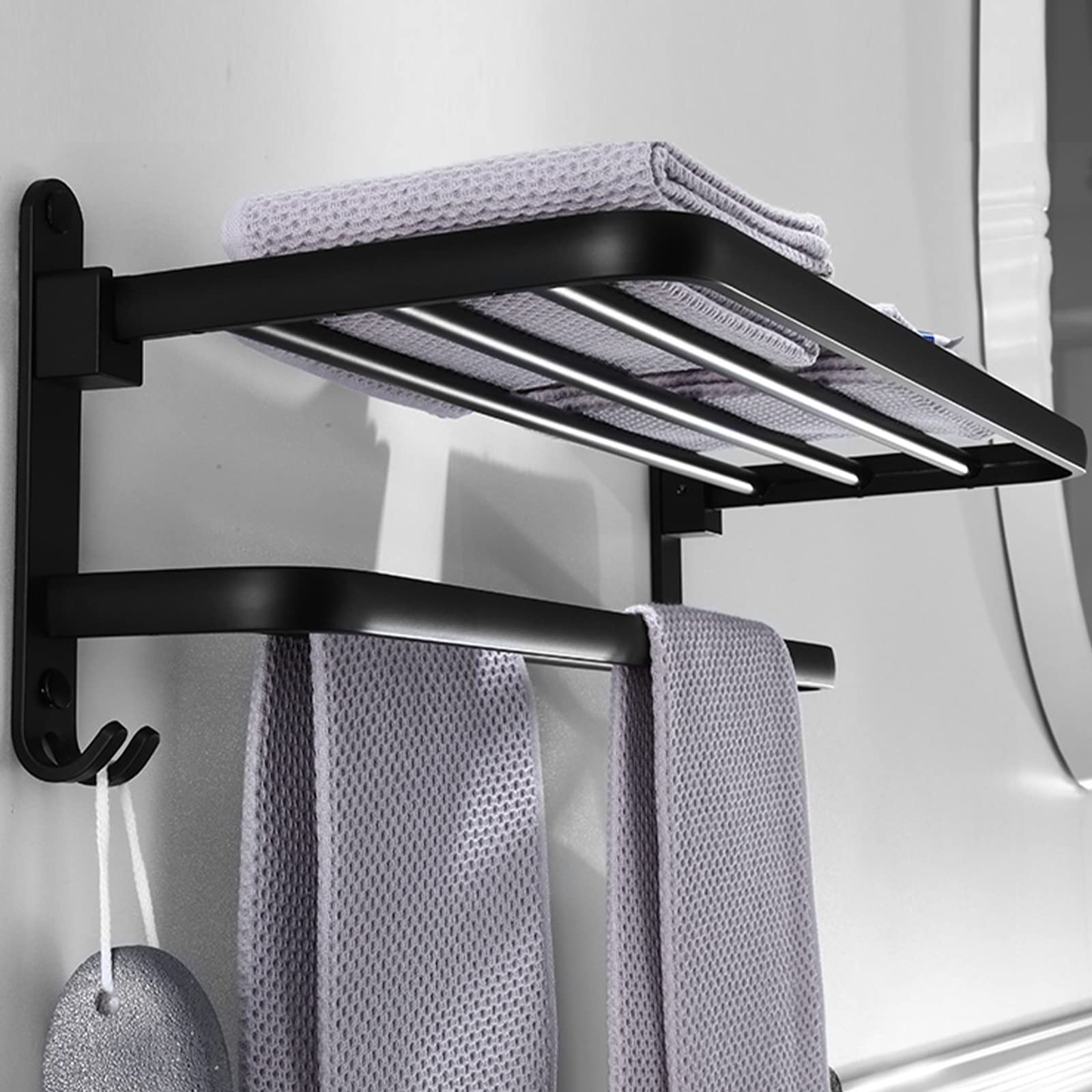 BOZWELL 16-inch Double Towel Bar with Hooks & Shelf - Matte Black Bathroom Towel Rack for Hand & Bath Towels - Perfect for Bathroom, Spa, or Guest Room Organization