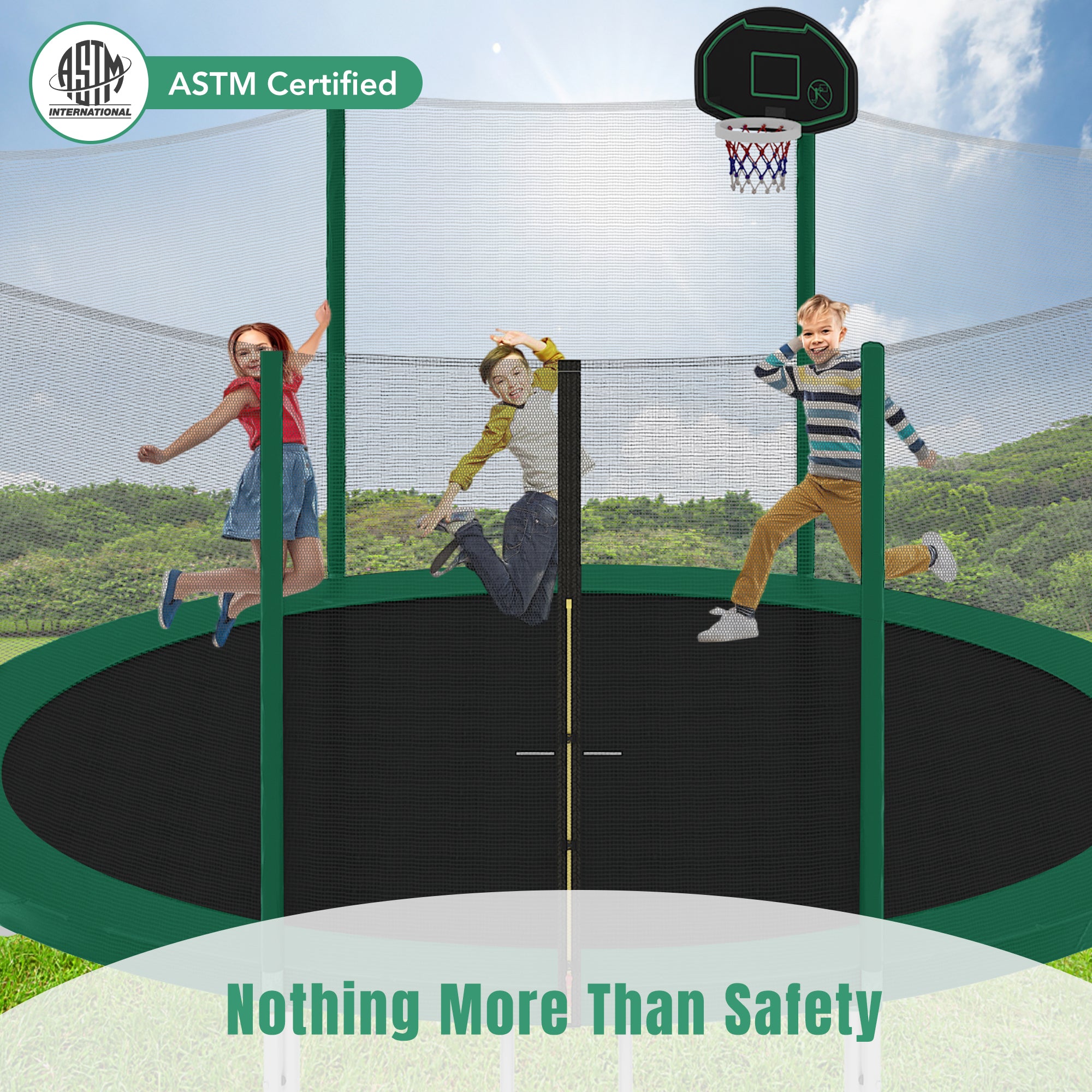 14FT Kids Trampoline with Safety Enclosure Net, Basketball Hoop & Ladder - Easy Assembly Outdoor Round Trampoline for Backyard, Garden & Playground Fun
