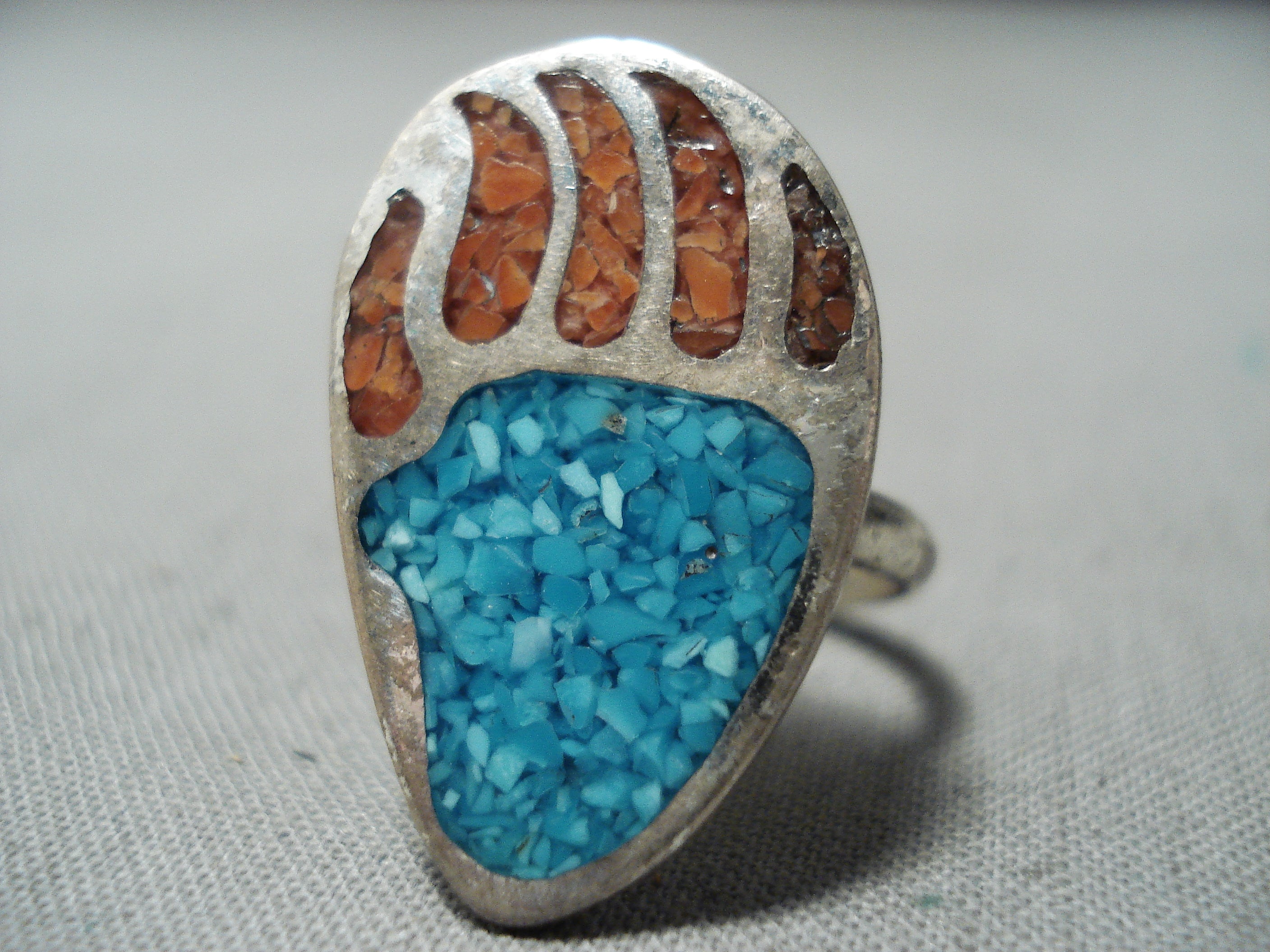 Vintage Navajo Turquoise Coral Sterling Silver Inlay Ring - Handmade Native American Jewelry for Women - Perfect for Boho Fashion, Weddings & Special Occasions