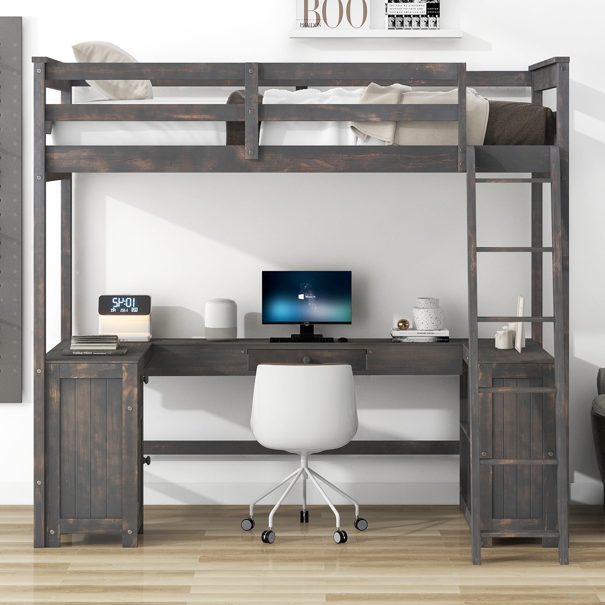 Harper & Bright Designs Twin Size Loft Bed with U-Shaped Desk & Storage - Wooden High Loft Bed Frame with Cabinet, Drawers & Shelves in Antique Brown - Perfect for Small Bedrooms, Kids Rooms & Dorm Rooms