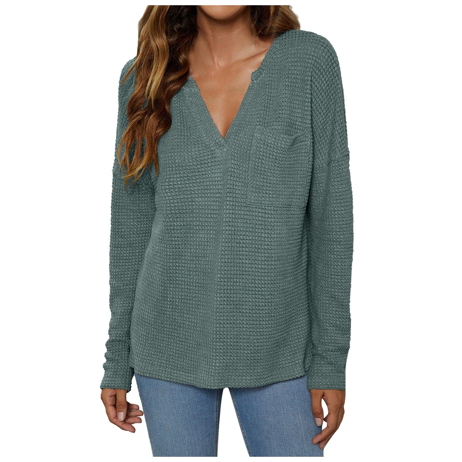 Women's V-Neck Waffle Knit Long Sleeve Pullover Blouse - Solid Color Casual T-Shirt & Sweatshirt for Fall | Perfect for Work, Weekend Outfits & Layering