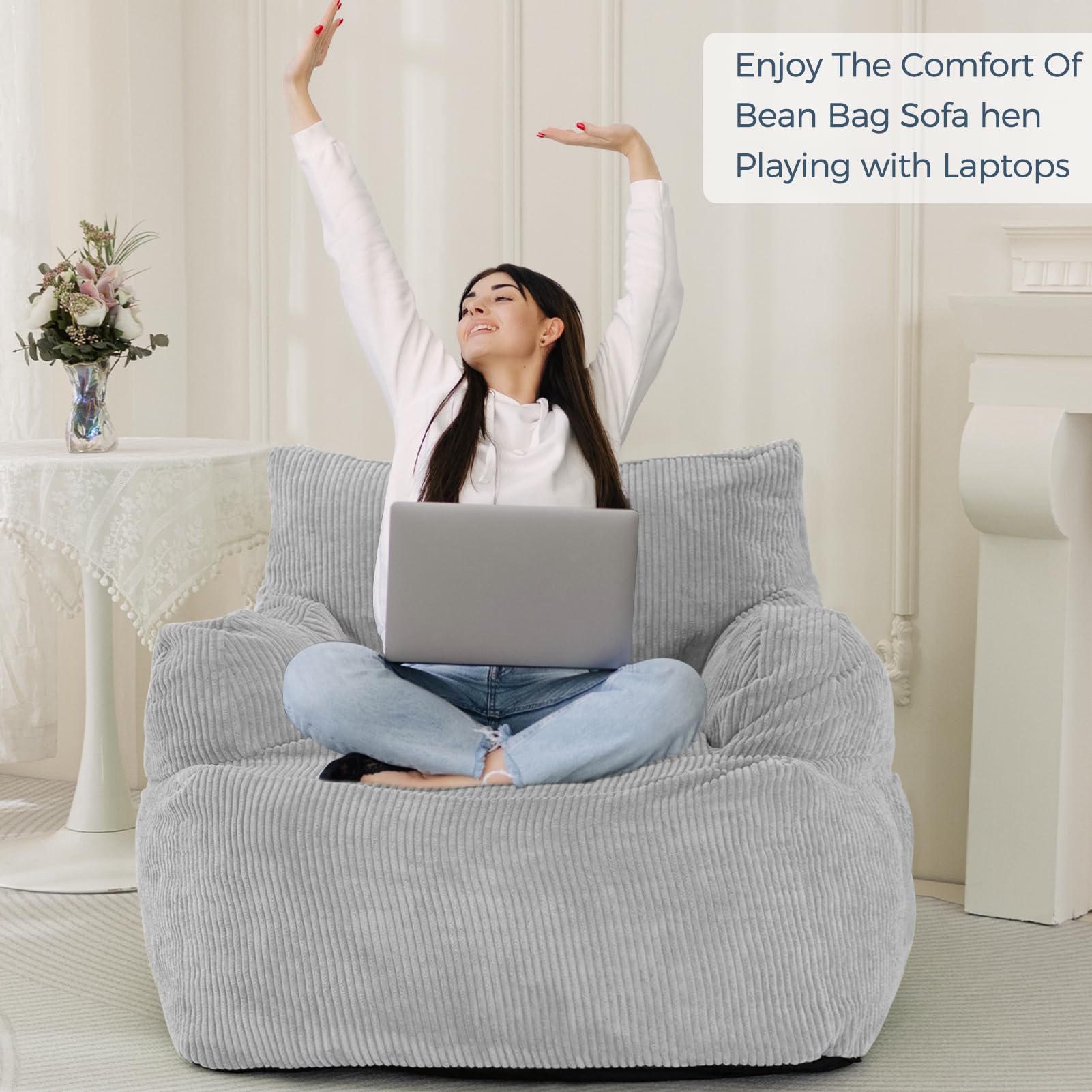 MAXYOYO Giant Bean Bag Chair - Oversized Stuffed Bean Bag Couch for Living Room, Bedroom & Game Room - Ultra Soft Grey Memory Foam Lounger - Perfect for Relaxing, Gaming & Movie Nights