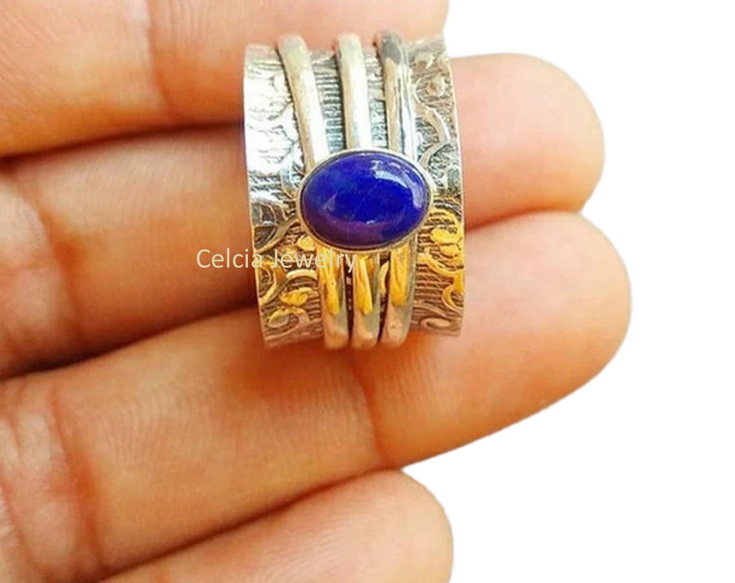 Natural Lapis Lazuli Meditation Spinner Ring for Anxiety Relief - Unisex Worry Fidget Ring for Stress & Focus - Boho Statement Jewelry - Perfect Mothers Day Gift & Mindfulness Accessory (Size 7) - Ideal for Meditation, Yoga, Office Stress Relief & Daily Wear