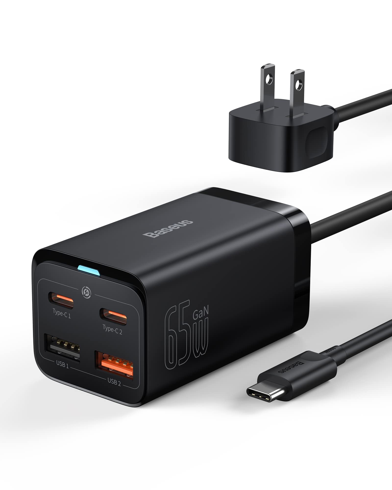 Baseus 65W PD GaN3 Fast Wall Charger Block - 4-Port USB C Charger (2USB-C + 2USB) with 5ft Cable for MacBook Pro/Air, iPhone 15/14/13, iPad Pro, Galaxy S24/S23 - Compact Travel & Home Office Charging Station