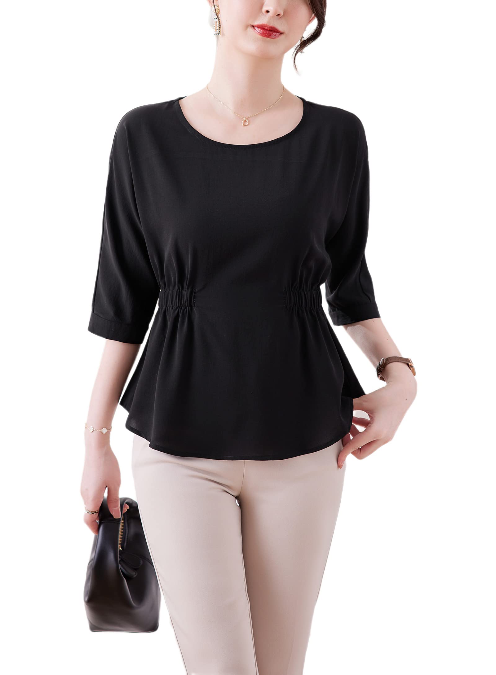 Women's Casual Short Sleeve Chiffon Blouse - Elegant O-Neck Tunic Top with Elastic Waist for Work & Date Night | Comfortable Summer Office Wear & Party Outfit