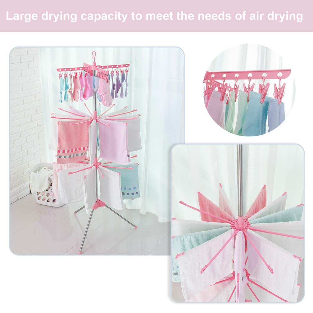 Hershii Foldable Clothes Drying Rack - 3-Tier Standing Garment Hanger with 24 Clips & 32 Towel Bars | Space Saving Laundry Organizer for Baby Clothes, Socks, Bibs, Underwear, Diapers | Perfect for Small Apartments, Dorms & RVs (Pink)