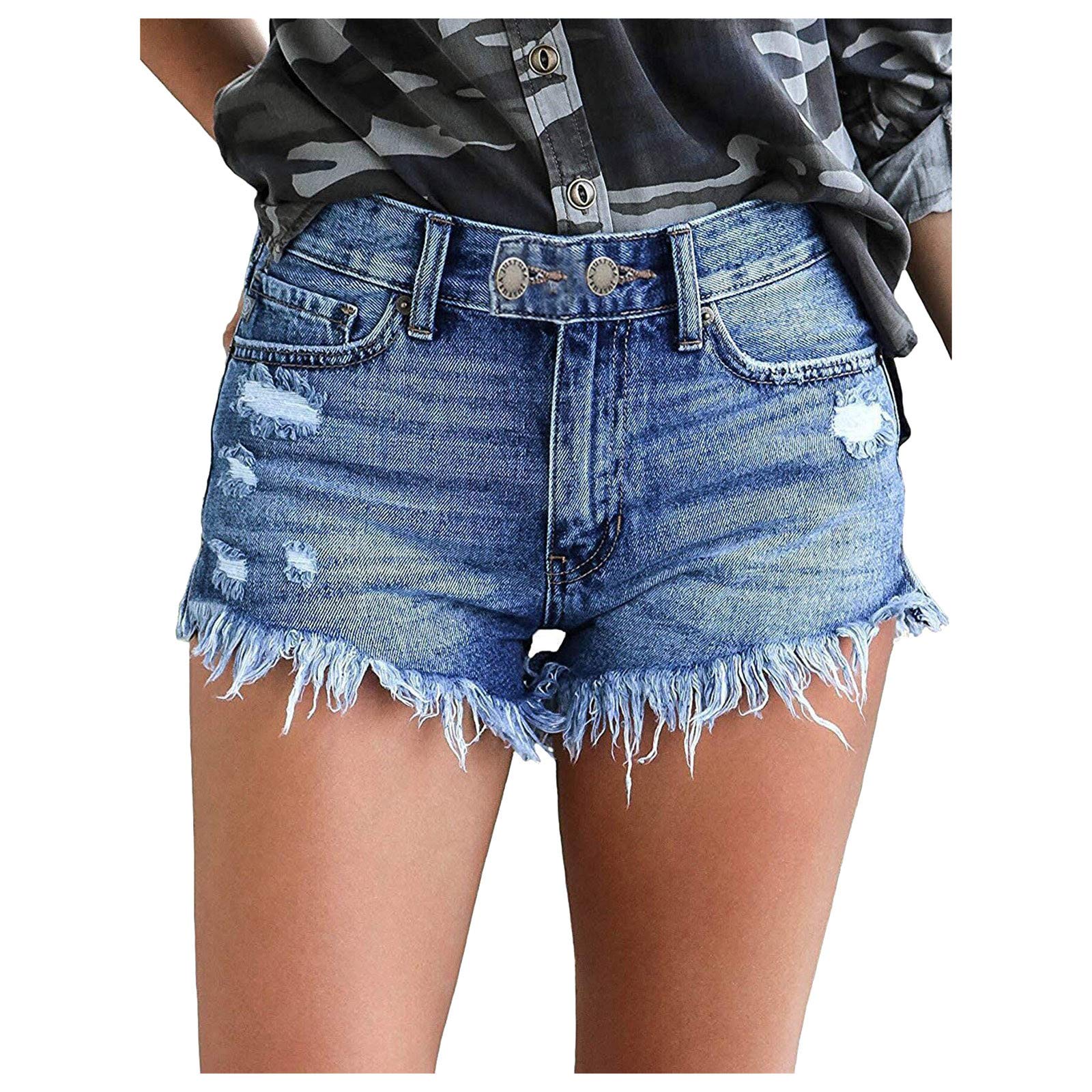 Women's Black Denim Shorts - Mid Rise Stretch Ripped Raw Hem for Casual Wear