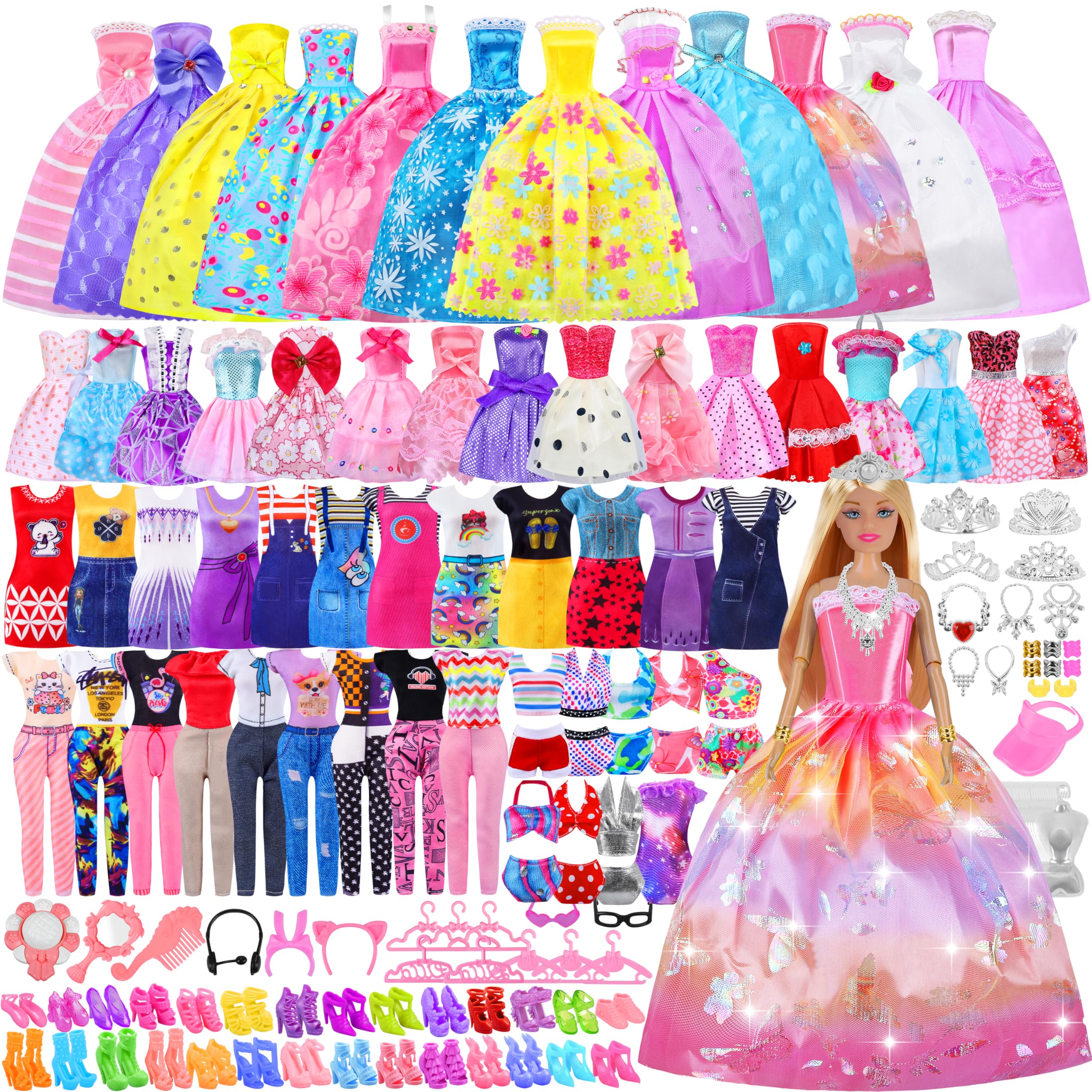135-Piece Doll Clothes & Accessories Set with Fashion Dresses, Princess Gowns, Tops, Pants, Swimsuits & Shoes - Perfect Dress Up Toys for Girls, Kids & Toddlers - Great Gift for Birthday & Pretend Play