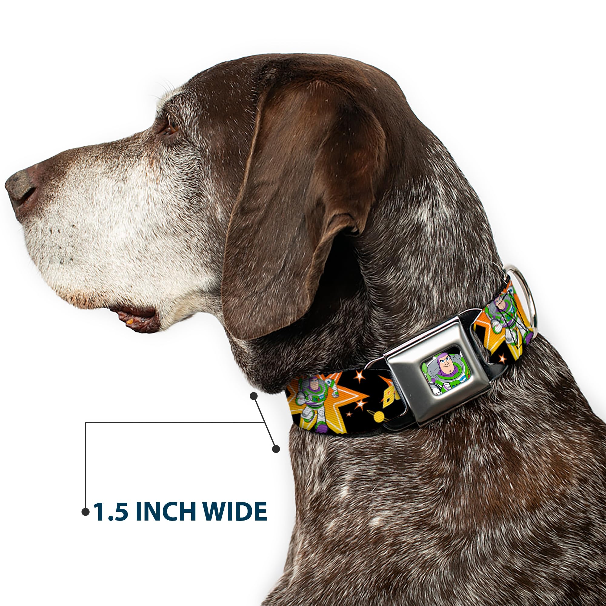 Buckle-Down Dog Collar with Seatbelt Buckle - Toy Story Buzz Lightyear Running Stars Design (Black, Orange, Yellow) - 1-Inch Wide Adjustable Collar for Large Dogs (15-26