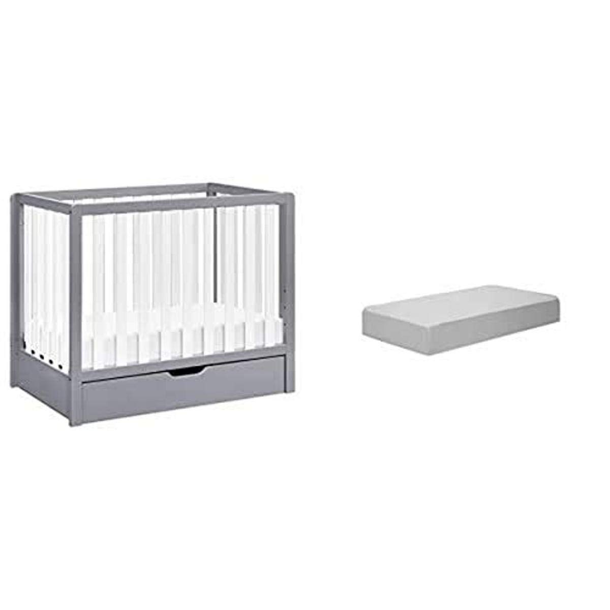 Carter's by Davinci Colby 4-in-1 Convertible Mini Crib with Trundle - Grey & White Nursery Furniture with Slumber Mini Crib Mattress | Space-Saving Baby Bed for Small Rooms & Guest Nursery Setup