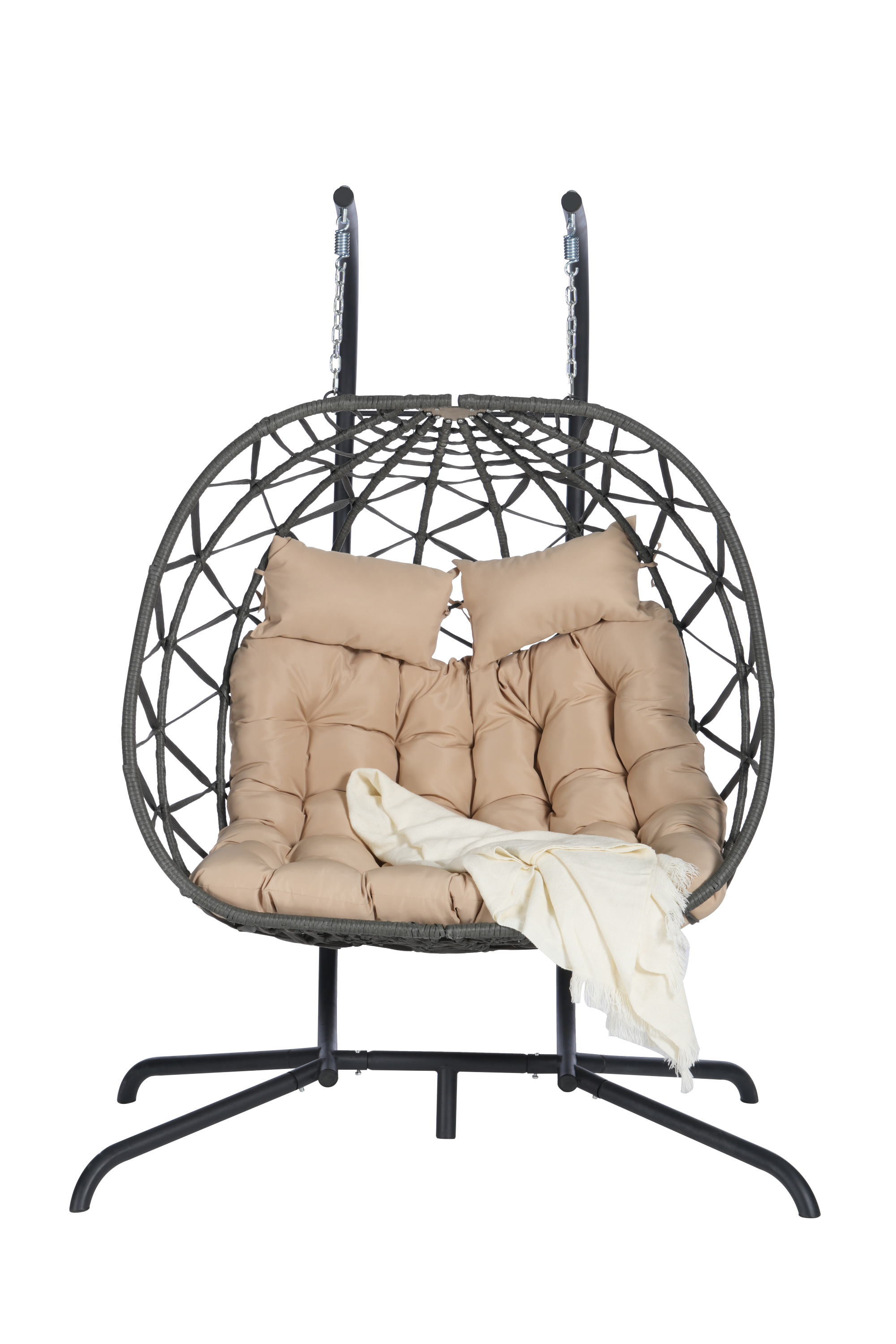 Double Egg Chair with Stand - Hanging Indoor/Outdoor Wicker Rattan Swing Chair with UV-Resistant Cushions (600 lb Capacity) - Perfect for Bedroom, Balcony, Patio & Garden Relaxation