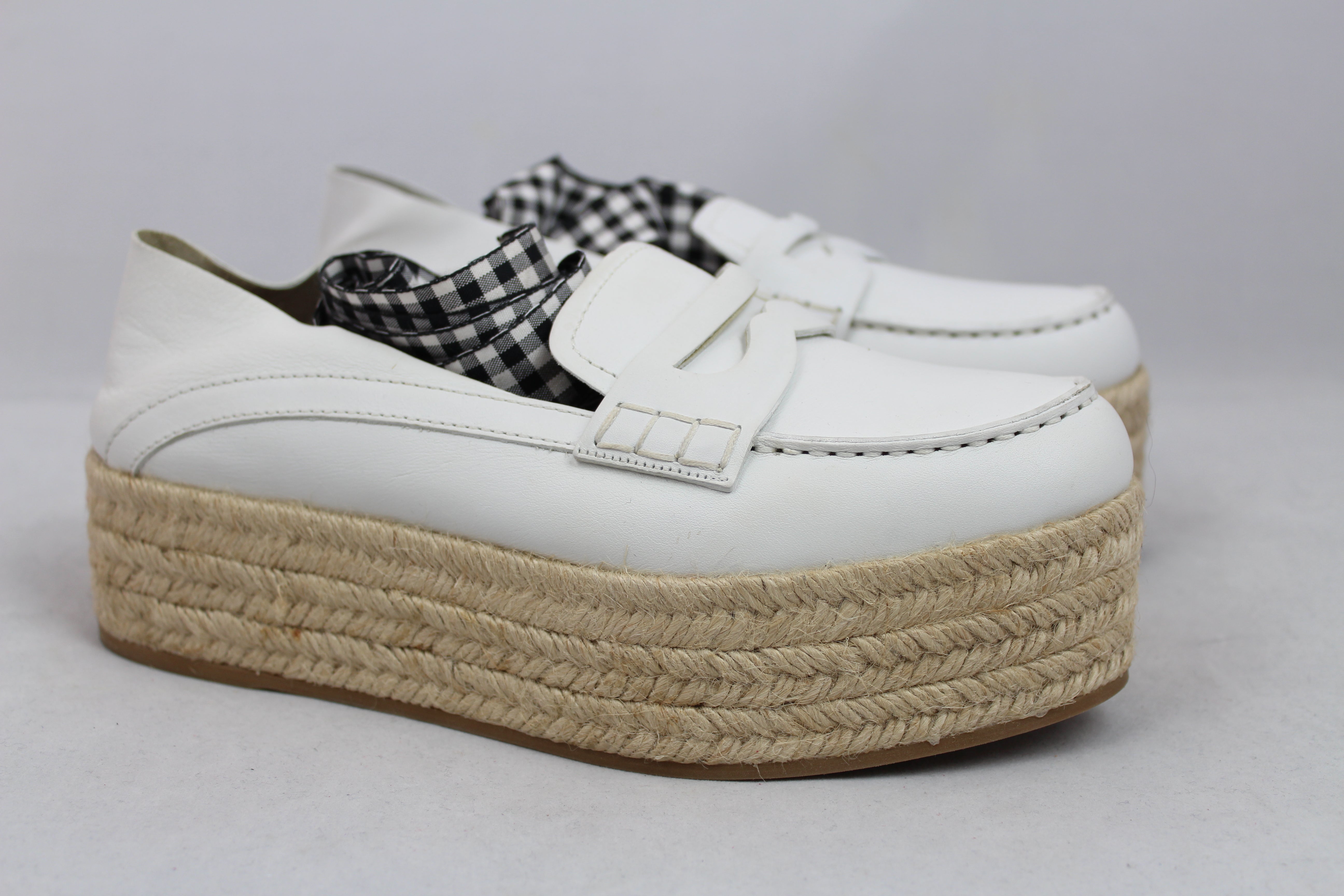 Miu Miu White Leather Platform Espadrillas with Laces - Women's Size 38 EU | Casual Summer Shoes for Beach, Vacation & Everyday Wear