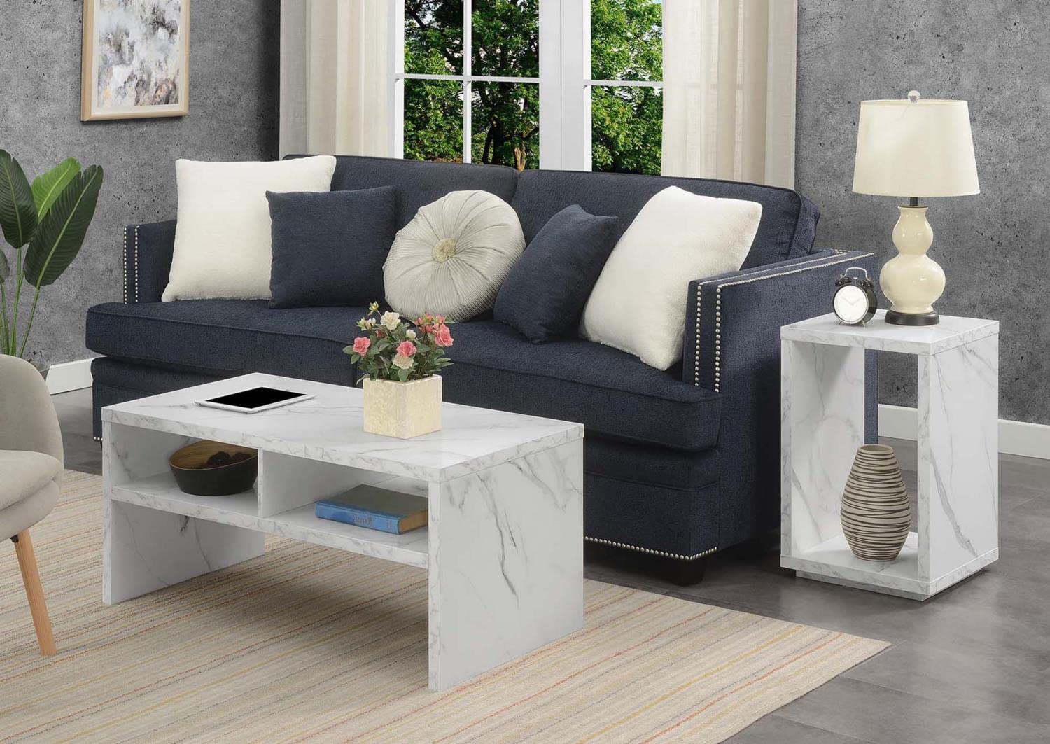 Convenience Concepts Northfield Admiral End Table with Shelf - White Faux Marble Top Nightstand for Living Room, Bedroom & Office - Modern Side Table with Storage Space
