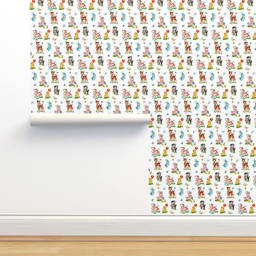 Removable Wallpaper 12ft x 2ft - Cute Retro Vintage Easter Animals Woodland Nursery Wallpaper | Pre-Pasted & Customizable by Spoonflower | Perfect for Kids' Rooms, Playrooms & Nursery Decor