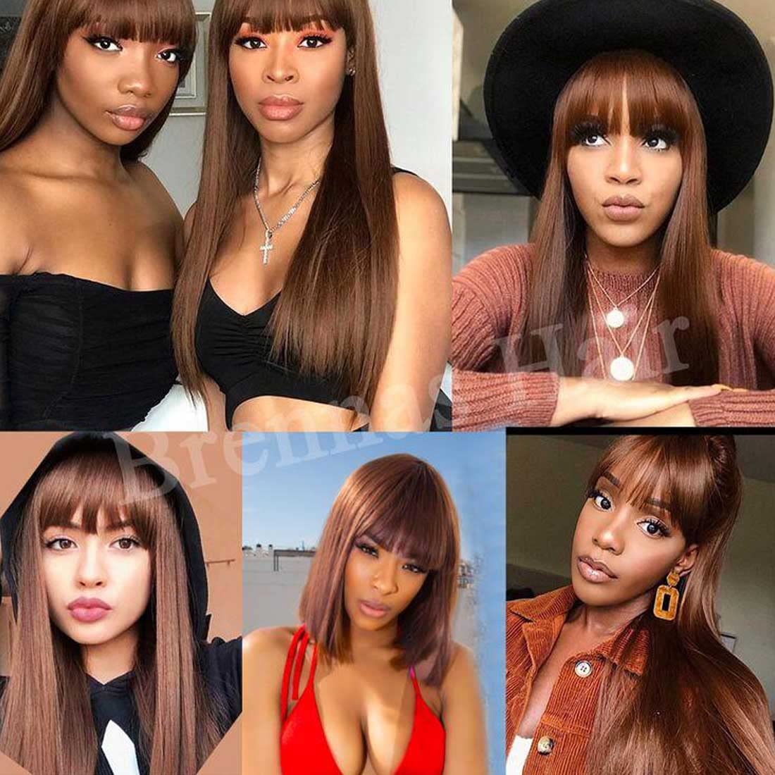 Beauty Forever #4 Chocolate Brown Straight Human Hair Wig with Bangs - 18 Inch Glueless Machine Made Dark Brown Full Wig, 150% Density, Affordable Layered Cut | Perfect for Cosplay, Daily Wear & Fashion Styling