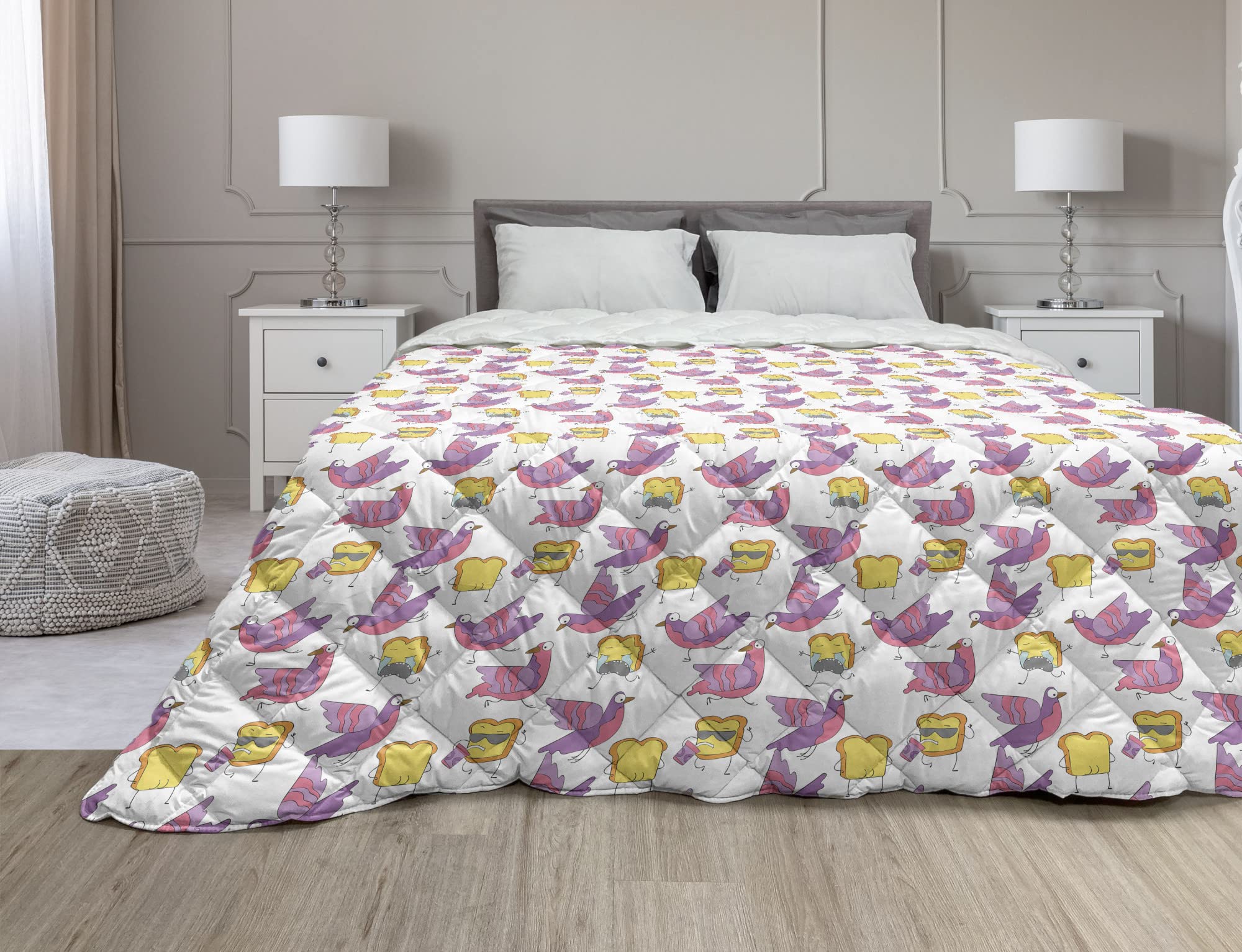 Ambesonne Cartoon Down Alternative Comforter - Kawaii Toast Bread & Cocktail Chicken Pigeon Design, All-Season Microfiber Quilt, Queen Size in Pink Mustard & White - Perfect for Kids' Rooms, Dorm Decor & Anime-Themed Bedrooms