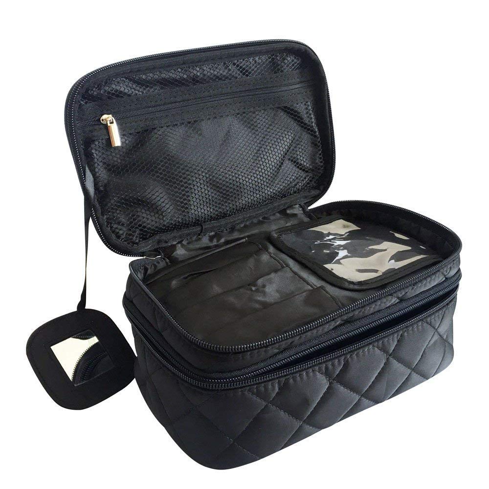 ONEGenug Double Layer Makeup Bag with Mirror for Women - 20 x 12 x 8 cm Travel Cosmetic Organizer (Black, Medium/Large) - Perfect for Travel, Gym & Daily Beauty Essentials