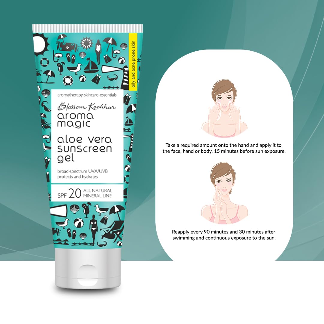 Aroma Magic Aloe Vera Sunscreen Gel SPF 20 - Broad Spectrum UVA/UVB Protection for Oily & Acne-Prone Skin | 100ml | Lightweight, Non-Greasy Formula for Daily Face & Body Sun Protection