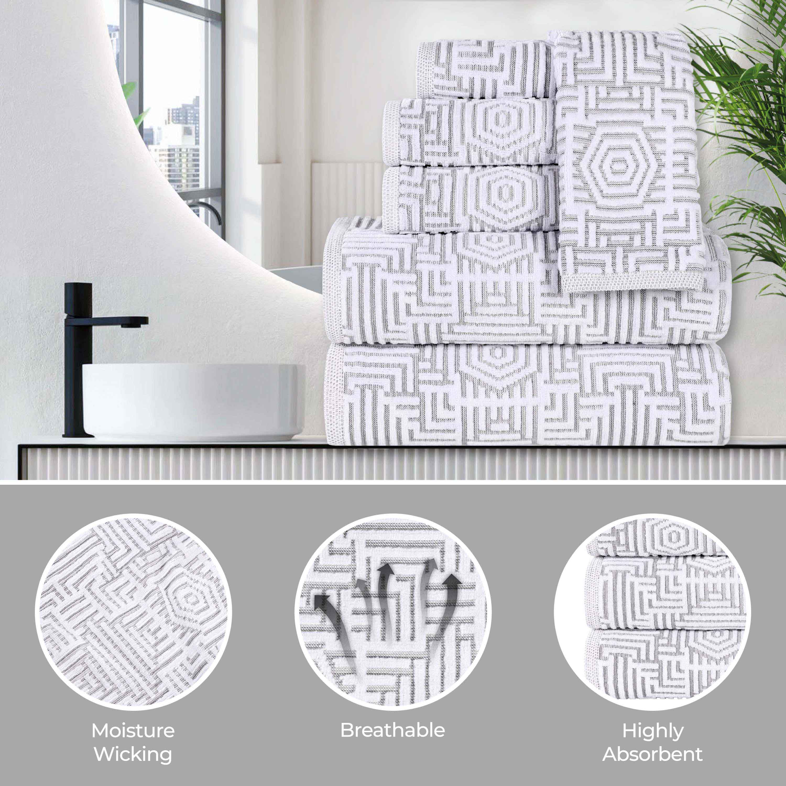Premium Cotton Modern Geometric Jacquard Plush Bath Towel Set of 3 - Ultra Absorbent & Quick Dry - Luxury Spa, Bathroom & Beach Towels for Home & Travel