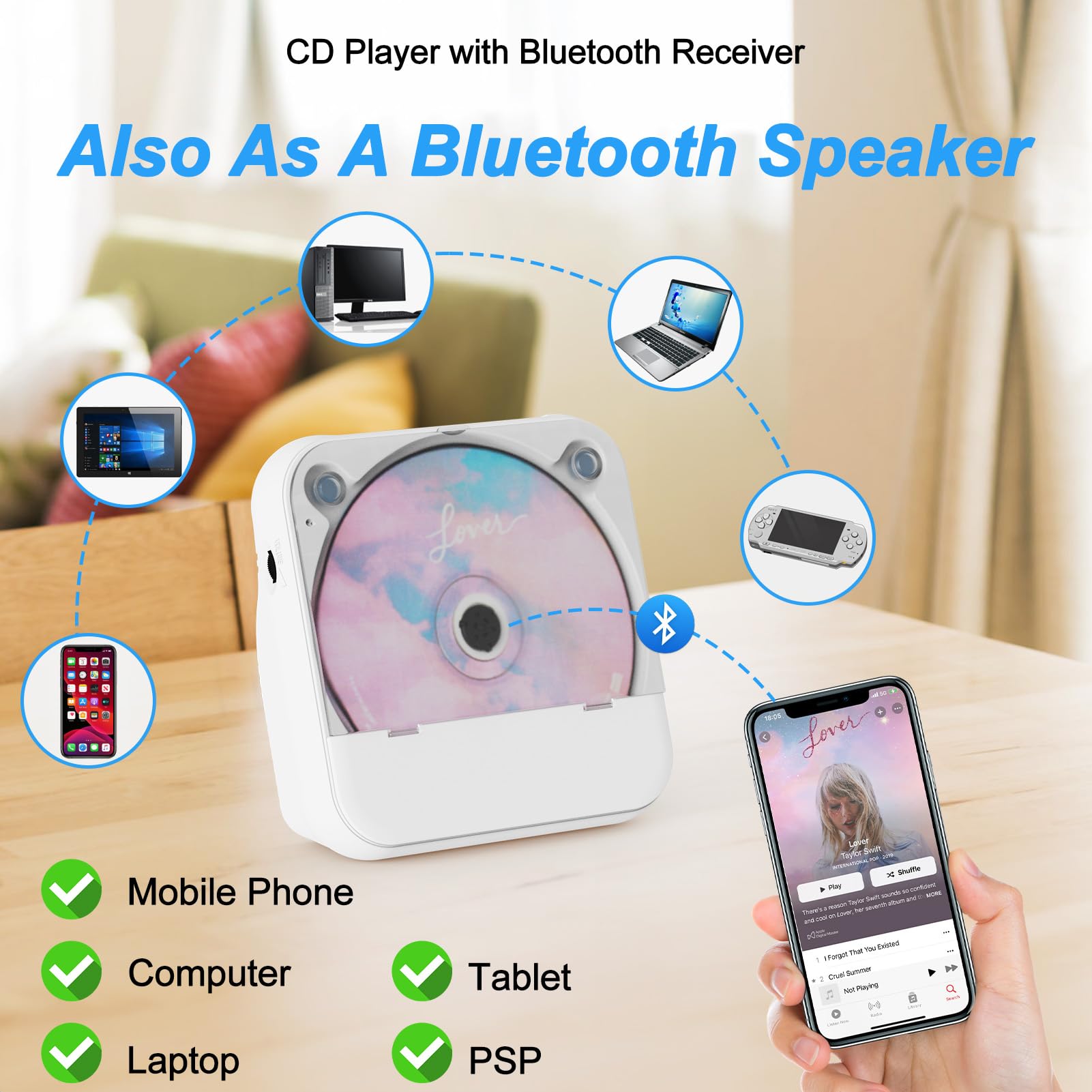 Lehwey Portable CD Player with Bluetooth 5.1 & Speakers - Rechargeable Mini Desktop Music Player, FM Radio, Anti-Skip Protection, Remote, Aux - Perfect for Home, Office, and Kpop Enthusiasts