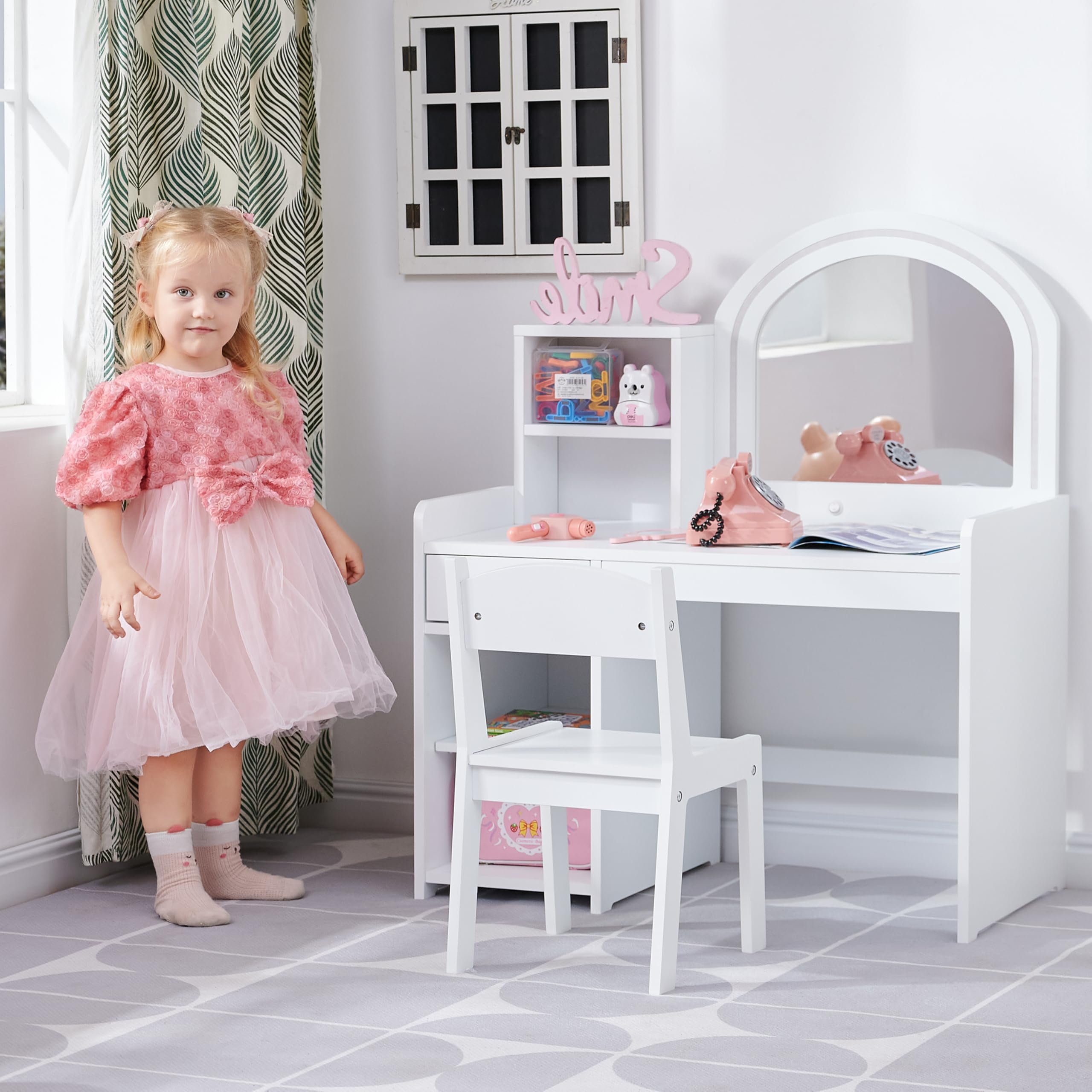 **Princess Vanity Set for Girls with Lights & Storage - 2-in-1 Toddler Makeup Vanity with Lighted Mirror, Drawer & Stool - Perfect for Kids' Room Decor & Pretend Play (White)**