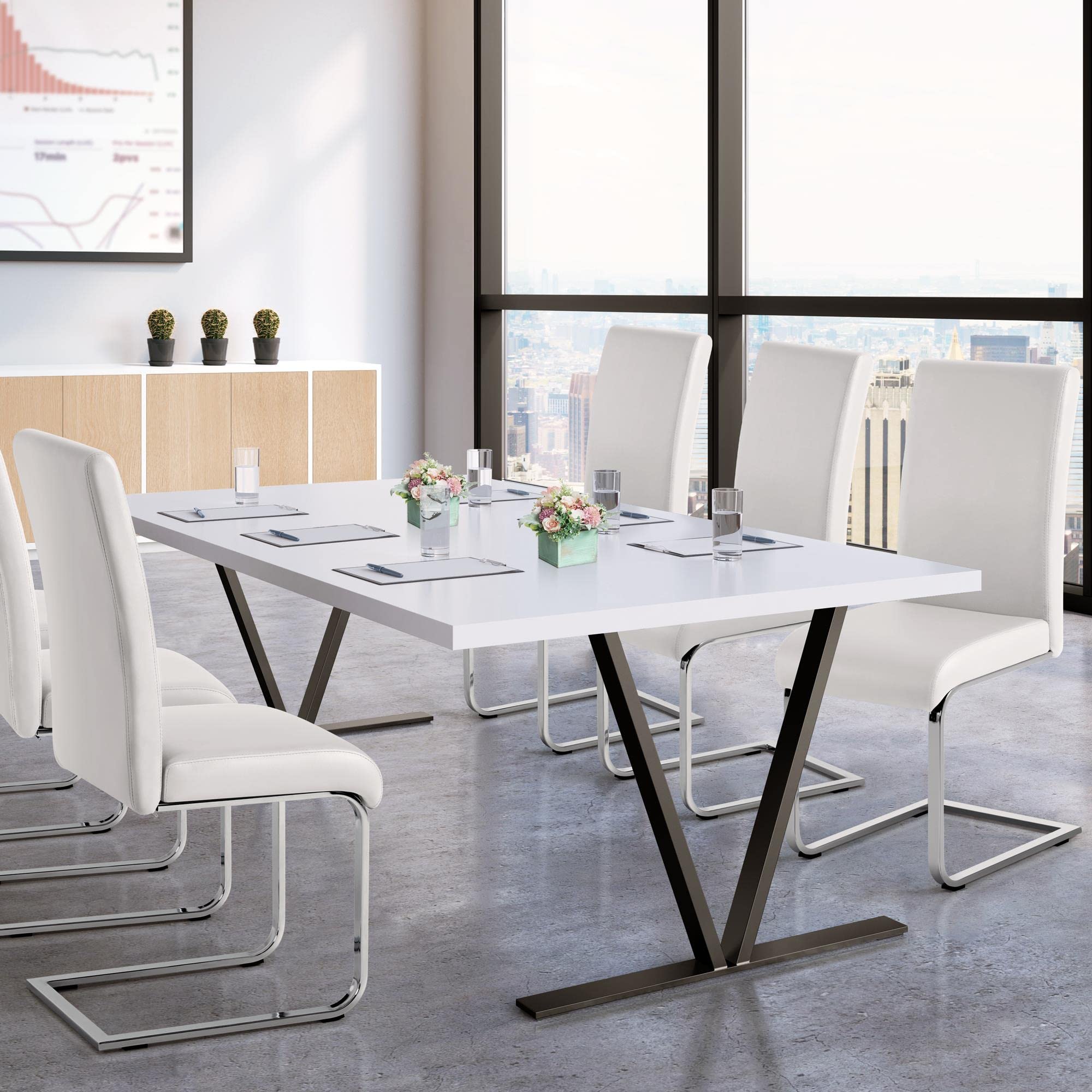 Yaheetech 4-Piece White Modern Dining Chairs Set - Faux Leather Upholstered Kitchen Chairs with Chrome Legs & High Back - Perfect for Dining Room, Kitchen, Cafe, and Restaurant Use
