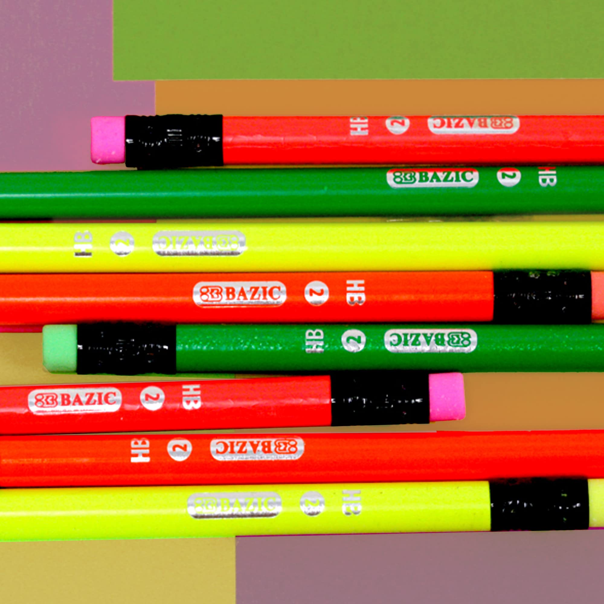 BAZIC Wood Neon Pencils with Latex-Free Eraser, Unsharpened Writing & Drawing Pencils (8-Pack) - Perfect for School, Office & Art Projects