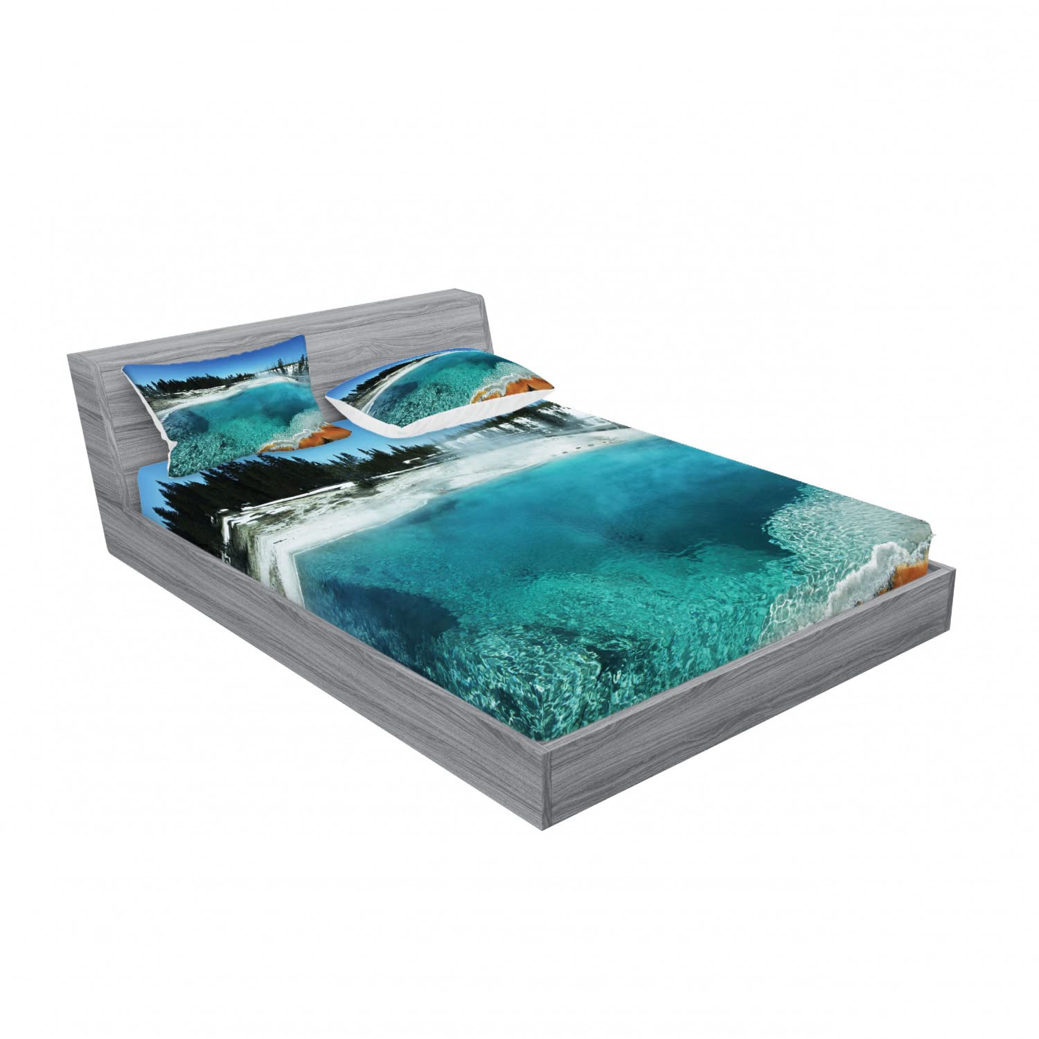 Ambesonne Yellowstone 2-Pack Queen Size Fitted Sheet & Pillow Sham Set - Snowy Forest Pool Design, 4-Piece Bedding Set (2 Fitted Sheets & 4 Pillow Covers) in Turquoise Blue - Perfect for Cozy Cabins, Rustic Bedrooms & Nature-Inspired Home Decor