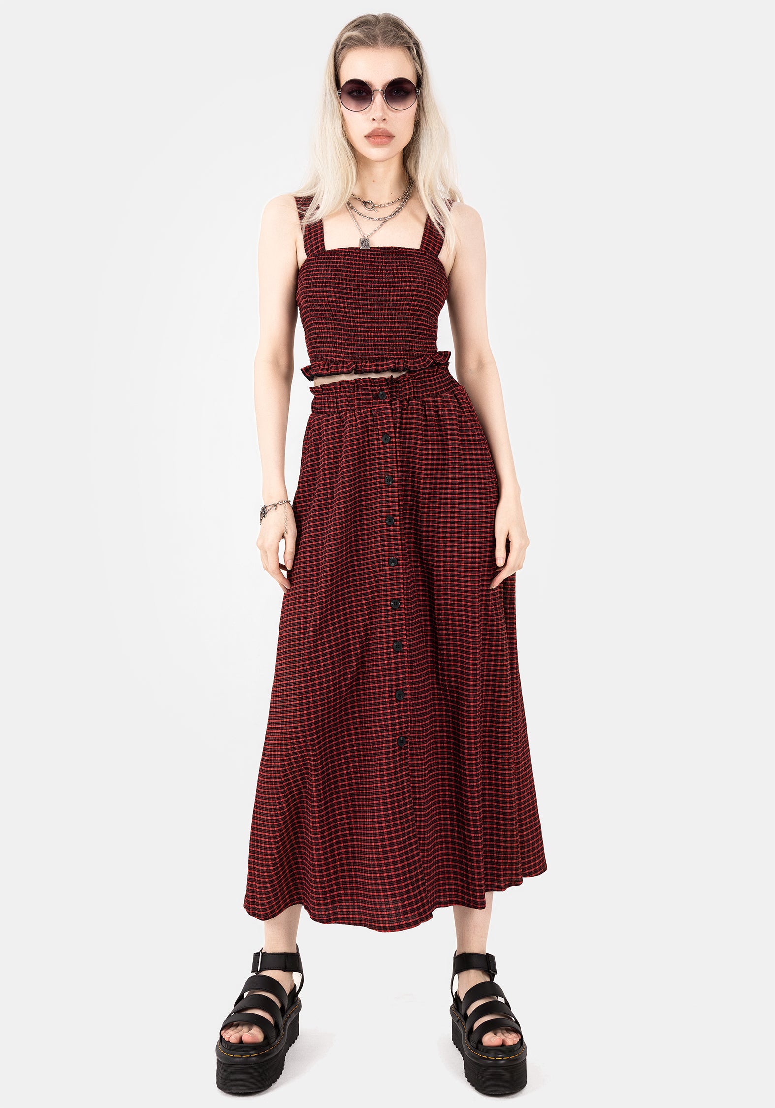 Carmine Textured Check Button-Up Midi Skirt for Women | Vintage Plaid A-Line Skirt | Office, Party & Casual Wear