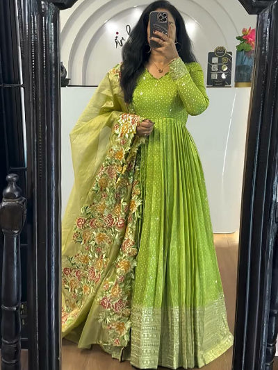 Lime Green Sequins Anarkali Suit with Embroidered Dupatta - Elegant Indian Party Wear for Weddings, Festivals & Special Occasions