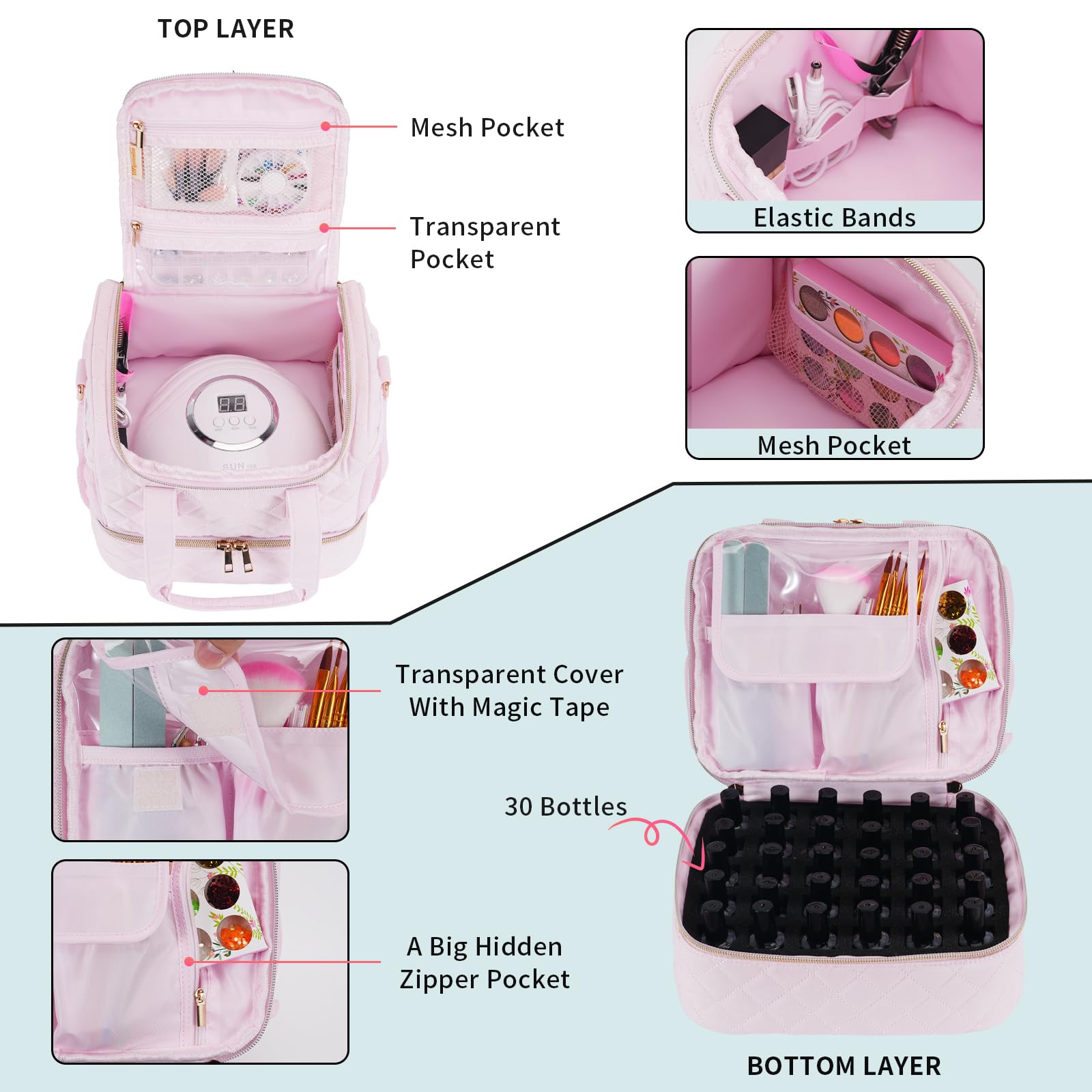 Professional Nail Polish Organizer Case - Holds Nail Lamp & 30 Bottles, Travel-Friendly Storage for Nail Techs & Manicure Tools (Patented) - Perfect for Salon Professionals & Home Nail Care