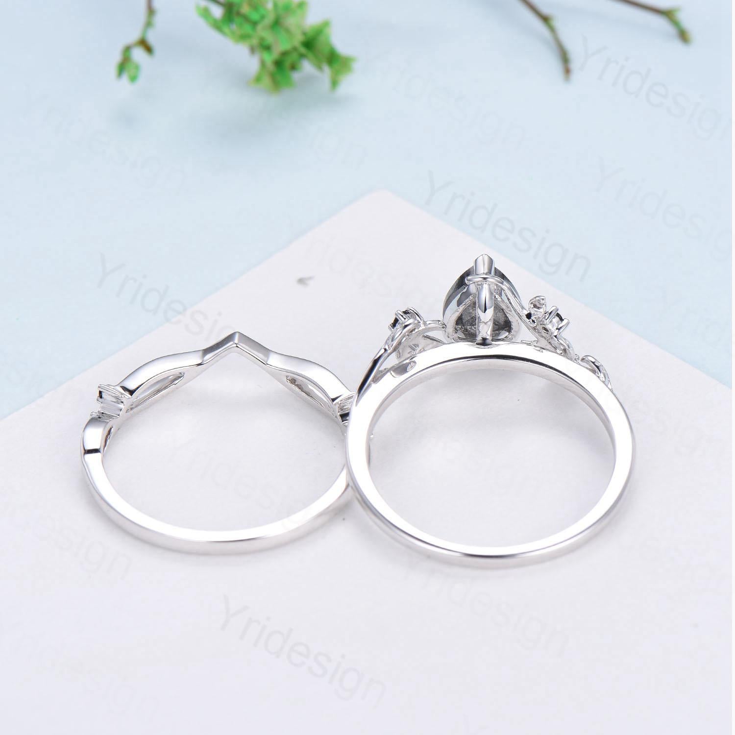 Natural Garnet Ring Set for Women - Pear Shaped Garnet Engagement Ring with Leaf Vine Black Spinel Band, January Birthstone Jewelry for Bridal & Wedding - Perfect for Anniversaries, Proposals & Special Occasions