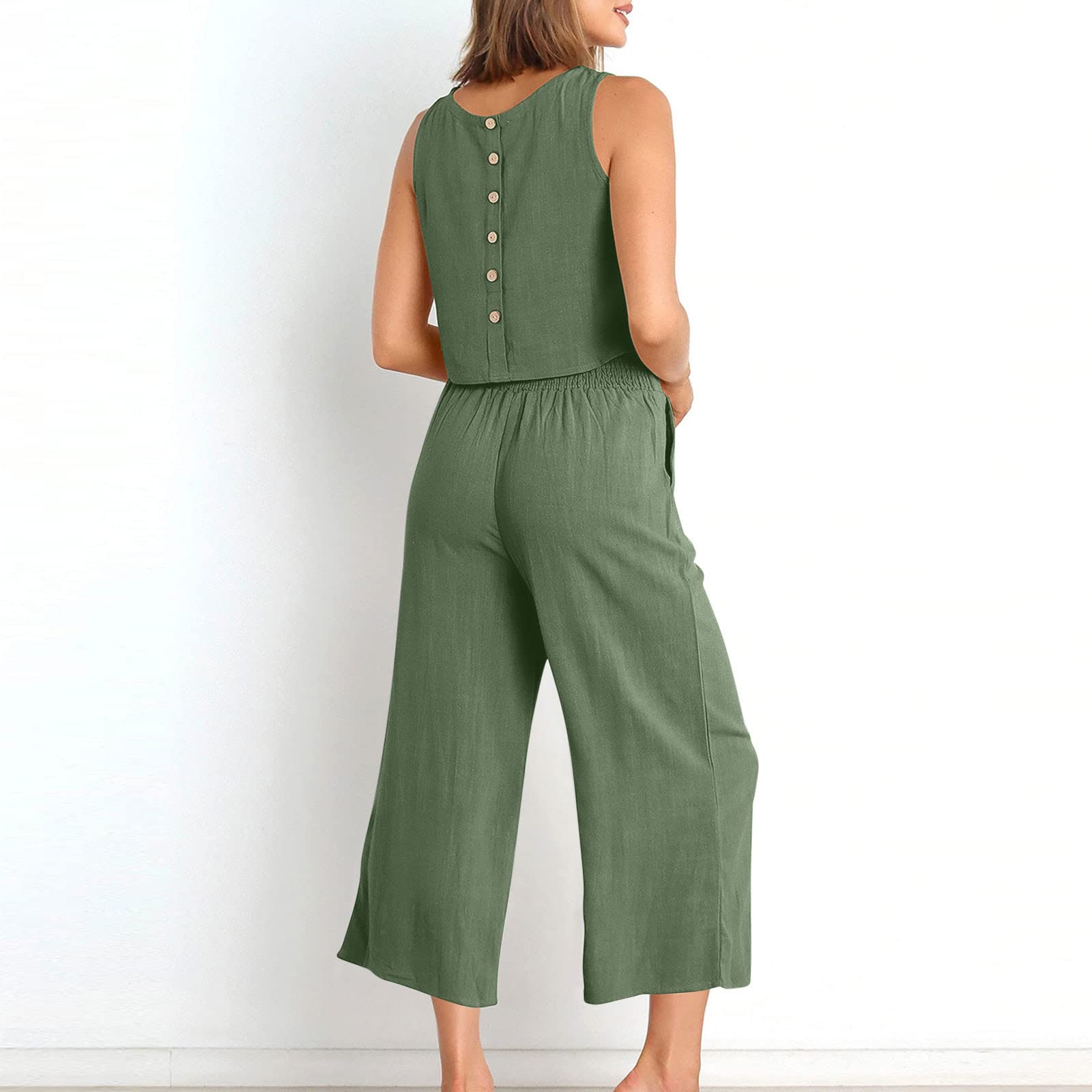 Women's 2-Piece Linen Outfit Set - Sleeveless Crop Top & Wide Leg Pants | Summer Matching Lounge Set | Perfect for Beach Vacations, Casual Outings & Boho Style