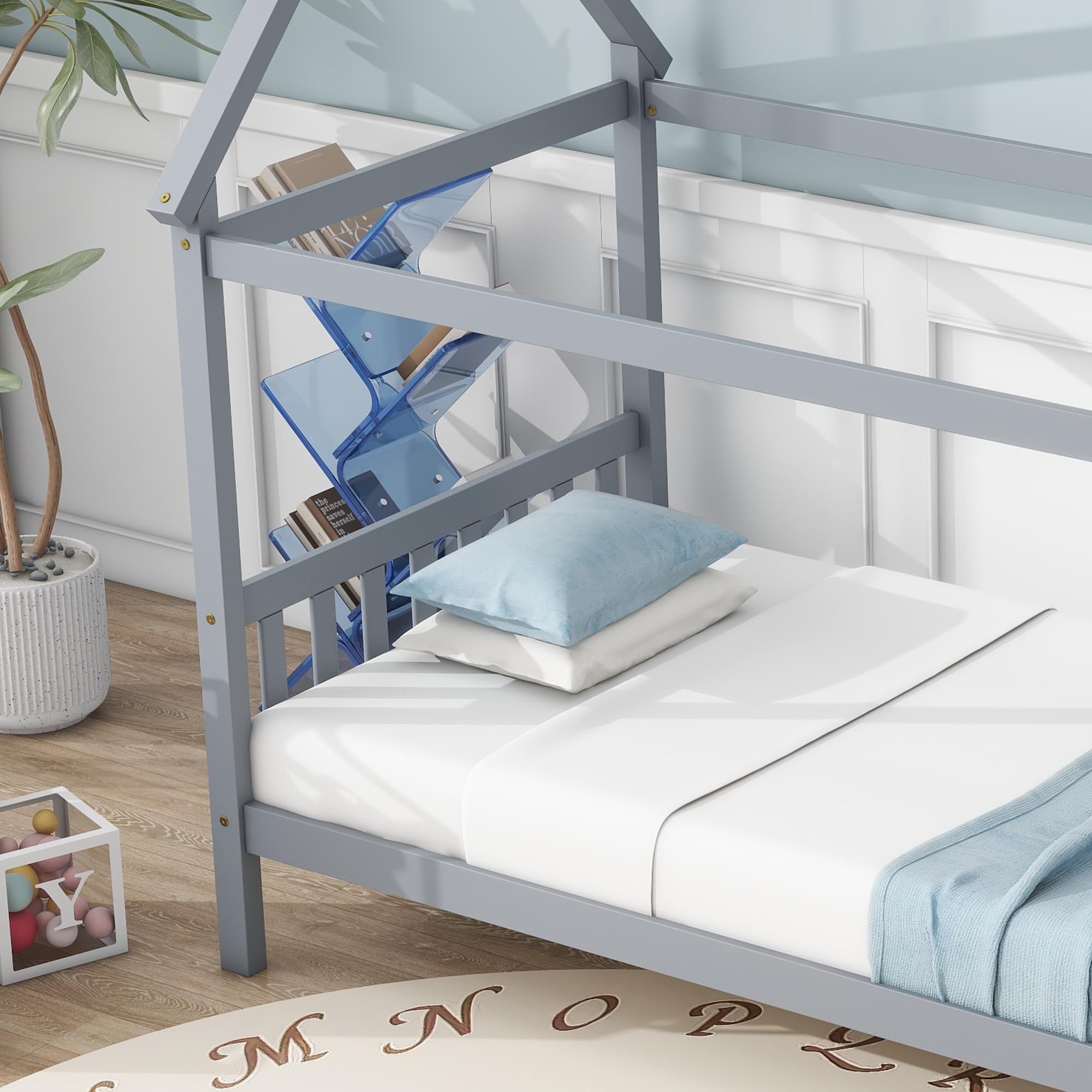 Montessori Twin Size Wooden House Bed Frame with Slats for Kids - Grey Floor Bed for Boys & Girls - Perfect for Bedrooms, Playrooms & Montessori Learning Spaces